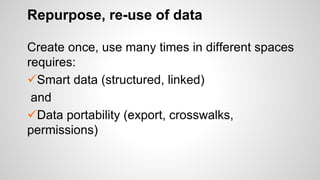 Repurpose, re-use of data
Create once, use many times in different spaces
requires:
Smart data (structured, linked)
and
Data portability (export, crosswalks,
permissions)
 