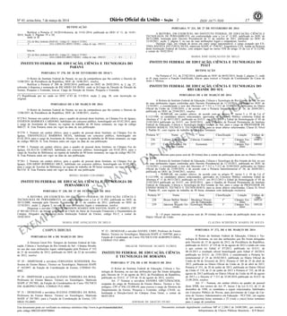 Nº 45, sexta-feira, 7 de março de 2014 17ISSN 1677-7050
EXEMPLAR DE ASSINANTE DA
IMPRENSA
NACIONAL
Este documento pode ser verificado no endereço eletrônico http://www.in.gov.br/autenticidade.html,
pelo código 00022014030700064
Documento assinado digitalmente conforme MP no- 2.200-2 de 24/08/2001, que institui a
Infraestrutura de Chaves Públicas Brasileira - ICP-Brasil.
2
RETIFICAÇÃO
Retificar a Portaria nº 54/2014-Reitoria, de 15-01-2014, publicada no DOU nº 11, de 16-01-
2014, Seção 2, Páginas 19 e 20,
onde se lê:
UCs de Meio Ambiente (Perfil 03) - Código 52 - Edital nº 27/2012
4º ANA CAROLINA BRITO VIEIRA - código de vaga - 0941515 D I 1
leia-se:
UCs de Meio Ambiente (Perfil 03) - Código 52 - Edital nº 27/2012
5º ANA CAROLINA BRITO VIEIRA - código de vaga - 0941515 D I 1
INSTITUTO FEDERAL DE EDUCAÇÃO, CIÊNCIA E TECNOLOGIA DO
PARANÁ
PORTARIA N° 270, DE 28 DE FEVEREIRO DE 2014(*)
O Reitor do Instituto Federal do Paraná, no uso da competência que lhe confere o Decreto de
13/06/2011 da Presidência da República, DOU de 14/06/2011, resolve,
Retificar a Portaria nº 206 de 20/02/2014, publicada no DOU de 28/02/2014, sç 2, pg. 27,
referente à dispensa e nomeação de RICARDO DA ROSA. onde se lê:Cargo de Direção de Direção de
Ensino, Pesquisa e Extensão; leia-se: Cargo de Direção de Ensino, Pesquisa e Extensão.
(*) Republicada por ter saído no DOU n°43 de 5/3/2014, seção 2, pag. 38, com incorreção no
original.
PORTARIAS DE 6 DE MARÇO DE 2014
O Reitor do Instituto Federal do Paraná, no uso da competência que lhe confere o Decreto de
13/06/2011 da Presidência da República, DOU de 14/06/2011, resolve,
N°278-I. Nomear em caráter efetivo, para o quadro de pessoal deste Instituto, no Câmpus Foz do Iguaçu,
EVERTON BARBOZA CARDOSO, habilitado em concurso público, homologado em 03.02.2014, para
o cargo de Assistente de Alunos, no regime de trabalho de 40 horas semanais, na vaga de código
960127. II. Esta Portaria entra em vigor na data de sua publicação.
N°279- I. Nomear em caráter efetivo, para o quadro de pessoal deste Instituto, no Câmpus Foz do
Iguaçu, EMANNUELLE BARBOSA SILVA, habilitada em concurso público, homologado em
03.02.2014, para o cargo de Assistente de Alunos, no regime de trabalho de 40 horas semanais, na vaga
de código 960126. II. Esta Portaria entra em vigor na data de sua publicação.
N°280- I. Nomear em caráter efetivo, para o quadro de pessoal deste Instituto, no Câmpus Foz do
Iguaçu, GLAUCIA LORENZI, habilitada em concurso público, homologado em 03.02.2014, para o
cargo de Auxiliar de Biblioteca, no regime de trabalho de 40 horas semanais, na vaga de código 961310.
II. Esta Portaria entra em vigor na data de sua publicação.
N°281- I. Nomear em caráter efetivo, para o quadro de pessoal deste Instituto, no Câmpus Foz do
Iguaçu, EDUARDO RODRIGO ARCE, habilitado em concurso público, homologado em 03.02.2014,
para o cargo de Auxiliar de Biblioteca, no regime de trabalho de 40 horas semanais, na vaga de código
961318. II. Esta Portaria entra em vigor na data de sua publicação.
IRINEU MARIO COLOMBO
INSTITUTO FEDERAL DE EDUCAÇÃO, CIÊNCIA E TECNOLOGIA DE
PERNAMBUCO
PORTARIA Nº 330, DE 27 DE FEVEREIRO DE 2014
A REITORA, EM EXERCÍCIO, DO INSTITUTO FEDERAL DE EDUCAÇÃO, CIÊNCIA E
TECNOLOGIA DE PERNAMBUCO, em conformidade com a Lei nº 11.892, publicada no DOU de
30/12/2008, nomeada pelo Decreto Presidencial de 11 de outubro de 2011, publicado no DOU de
13/10/2011, seção 2, página 3, no uso de suas atribuições legais e estatutárias, resolve:
Dispensar o servidor LYNDON JHONSON SOARES DOS SANTOS, SIAPE nº 1804933, CPF
nº 063.663.474-41, da função gratificada de Chefe do Setor de Execução Financeira e Orçamentária do
Campus Afogados da Ingazeira desta Instituição Federal de Ensino, código FG-2, a contar de
18/02/2014.
MARIA JOSÉ GONÇALVES DE MELO
INSTITUTO FEDERAL DE EDUCAÇÃO, CIÊNCIA E TECNOLOGIA DO
RIO GRANDE DO SUL
PORTARIAS DE 6 DE MARÇO DE 2014
A Reitora do Instituto Federal de Educação, Ciência e Tecnologia do Rio Grande do Sul, no uso
de suas atribuições legais conferidas pelo Decreto Presidencial de 11/10/2011, publicado no DOU de
13/10/2011, e considerando o teor dos Decretos nº 7.311 e 7.312 de 22/09/2010, publicados no Diário
Oficial da União de 23/09/2010, e de acordo com a Portaria Interministerial n° 56, de 20/04/2011,
publicada no DOU de 25/04/2011, resolve:
I - NOMEAR, em caráter efetivo, de acordo com os artigos 9º, inciso I, e 10 da Lei nº
8.112/1990, os candidatos abaixo relacionados, aprovados no Concurso Público conforme Edital de
Abertura nº 11 de 04/11/2013, publicado no D.O.U. em 05/11/2013 e Edital de Homologação nº 05 de
21/02/2014 publicado no D.O.U. em 26/02/2014 , para o Quadro de Pessoal Permanente do Instituto
Federal de Educação, Ciência e Tecnologia do Rio Grande do Sul, para o cargo de PROFESSOR DE
ENSINO BÁSICO, TÉCNICO E TECNOLÓGICO, para as áreas abaixo relacionadas, Classe D, Nível
I, Padrão 01, com regime de trabalho de 20 horas semanais:
Portaria N° Nome Área Classificação Lotação Código de
vaga
236 Lidiane Zambenedetti Ciências Contábeis 1° Câmpus Ere-
chim
349072
237 Carlos Frederico De
Oliveira Cunha
Economia 1º Câmpus Ere-
chim
349103
II - O prazo máximo para posse será de 30 (trinta) dias a contar da publicação deste ato no Diário Oficial
da União.
A Reitora do Instituto Federal de Educação, Ciência e Tecnologia do Rio Grande do Sul, no uso
de suas atribuições legais conferidas pelo Decreto Presidencial de 11/10/2011, publicado no DOU de
13/10/2011, e considerando o teor dos Decretos nº 7.311 e 7.312 de 22/09/2010, publicados no Diário
Oficial da União de 23/09/2010, e de acordo com a Portaria Interministerial n° 56, de 20/04/2011,
publicada no DOU de 25/04/2011, resolve:
I - NOMEAR, em caráter efetivo, de acordo com os artigos 9º, inciso I, e 10 da Lei nº
8.112/1990, os candidatos abaixo relacionados, aprovados no Concurso Público conforme Edital de
Abertura nº 11 de 04/11/2013, publicado no D.O.U. em 05/11/2013 e Edital de Homologação nº 05 de
21/02/2014 publicado no D.O.U. em 26/02/2014 , para o Quadro de Pessoal Permanente do Instituto
Federal de Educação, Ciência e Tecnologia do Rio Grande do Sul, para o cargo de PROFESSOR DE
ENSINO BÁSICO, TÉCNICO E TECNOLÓGICO, para as áreas abaixo relacionadas, Classe D, Nível
I, Padrão 01, com regime de trabalho de 40 horas semanais com dedicação exclusiva:
Portaria N° Nome Área Classificação Lotação Código de
vaga
238 Bruno Bellini Medei-
ros
Mecânica/ Proces-
sos de Fabricação
1° Câmpus Ere-
chim
349110
239 Jakerson Ricardo Ge-
vinski
Tecnologia Mecâni-
ca
1º Câmpus Ere-
chim
349120
II - O prazo máximo para posse será de 30 (trinta) dias a contar da publicação deste ato no
Diário Oficial da União.
CLAUDIA SCHIEDECK SOARES DE SOUZA
PORTARIA Nº 331, DE 27 DE FEVEREIRO DE 2014
A REITORA, EM EXERCÍCIO, DO INSTITUTO FEDERAL DE EDUCAÇÃO, CIÊNCIA E
TECNOLOGIA DE PERNAMBUCO, em conformidade com a Lei nº 11.892, publicada no DOU de
30/12/2008, nomeada pelo Decreto Presidencial de 11 de outubro de 2011, publicado no DOU de
13/10/2011, seção 2, página 3, no uso de suas atribuições legais e estatutárias, resolve:
Declarar vago, em virtude de posse em outro cargo inacumulável, o cargo ocupado por FÁ-
TIMA BATISTA DA COSTA SILVA, matrícula SIAPE nº 1546767, Engenheira Civil, lotada na Reitoria
desta Instituição Federal de Ensino, com amparo legal no inciso VIII do artigo 33 da Lei nº 8.112/90,
a contar de 18/02/2014.
MARIA JOSÉ GONÇALVES DE MELO
INSTITUTO FEDERAL DE EDUCAÇÃO, CIÊNCIA E TECNOLOGIA DO
PIAUÍ
RETIFICAÇÃO
Na Portaria nº 311, de 27/02/2014, publicada no DOU de 06/03/2014, Seção 2, página 11, onde
se lê: para exercer a Função Gratificada, leia-se: para exercer a Função de Coordenador do Curso de
Artes e Música.
CAMPUS IBIRUBÁ
PORTARIAS DE 6 DE MARÇO DE 2014
A Diretora Geral Pró- Tempore do Instituto Federal de Edu-
cação, Ciência e Tecnologia do Rio Grande do Sul - Câmpus Ibirubá,
no uso das suas atribuições legais subdelegadas pela Portaria nº 552
de 21 de novembro de 2012, publicado no DOU de 22 de novembro
de 2012, resolve:
Nº 29 - DISPENSAR a servidora FERNANDA SCHNEIDER, Pro-
fessora do Ensino Básico, Técnico ou Tecnológico, Matrícula SIAPE
nº 1823897, da Função de Coordenação de Ensino, CÓDIGO FG-
0002.
Nº 30 - DISPENSAR a servidora SUZANA FERREIRA DA ROSA,
Professora do Ensino Básico, Técnico ou Tecnológico, Matrícula
SIAPE nº 2917801, da Função de Coordenadora do Curso TÉCNICO
EM AGROPECUÁRIA, CÓDIGO FUC-0001.
Nº 31 - DESIGNAR a servidora SUZANA FERREIRA DA ROSA,
Professora do Ensino Básico, Técnico ou Tecnológico, Matrícula
SIAPE nº 2917801, para a Função de Coordenação de Ensino, CÓ-
DIGO FG-0002.
Nº 32 - DESIGNAR o servidor DANIEL UHRY, Professor do Ensino
Básico, Técnico ou Tecnológico, Matrícula SIAPE nº 1049780, para a
Função de Coordenador do Curso TÉCNICO EM AGROPECUÁRIA,
CÓDIGO FUC-0001.
MIGACIR TRINDADE DUARTE FLÔRES
INSTITUTO FEDERAL DE EDUCAÇÃO, CIÊNCIA
E TECNOLOGIA DE RORAIMA
PORTARIA Nº 270, DE 6 DE MARÇO DE 2014
O Reitor do Instituto Federal de Educação, Ciência e Tec-
nologia de Roraima, no uso das atribuições que lhe foram delegadas
pelo Decreto de 15 de agosto de 2012, da Presidência da República,
publicado no D.O.U. nº 159 de 16 de agosto de 2012, resolve:
Art. 1º Nomear a servidora SANDRA GRUTZMACHER,
ocupante do cargo de Professora de Ensino Básico, Técnico e Tec-
nológico, CPF nº 956.122.890-49, para exercer o cargo de Diretora do
Departamento de Ensino, Pesquisa e Extensão, código CD-04, su-
bordinada à Direção-Geral do Câmpus Zona Oeste, a contar de
06/03/2014.
ADEMAR DE ARAÚJO FILHO
PORTARIA Nº 272, DE 6 DE MARÇO DE 2014
O Reitor do Instituto Federal de Educação, Ciência e Tec-
nologia de Roraima, no uso das atribuições que lhe foram delegadas
pelo Decreto de 15 de agosto de 2012, da Presidência da República,
publicado no D.O.U. nº 159 de 16 de agosto de 2012 e tendo em vista
o que consta no Edital nº 87/2013, publicado no D.O.U. de
08.10.2013 e resultado oficial homologado pelo Edital nº 04/2014,
publicado no D.O.U. de 15/01/2014, e considerando a Portaria In-
terministerial nº 25 de 05/02/2013, publicada no Diário Oficial da
União de 06 de fevereiro de 2013, Portaria nº 360 de 25 de abril de
2013, publicada no Diário Oficial da União de 26 de abril de 2013,
Portaria nº 553, de 20 de junho de 2013, publicada no Diário Oficial
da União nº 118, de 21 de junho de 2013 e Portaria nº 725, de 08 de
agosto de 2013 publicada no Diário Oficial da União de 09 de agosto
de 2013 e o Decreto nº 7.311 de 22.09.2010 publicado no D.O.U de
23.09.2010, resolve:
Art. 1º - Nomear, em caráter efetivo no quadro de pessoal
deste IFRR, nos termos do Art. 9º, Inciso I da Lei 8.112, de 11 de
dezembro de 1990, os candidatos a seguir relacionados, habilitados
em Concurso Público de Provas, para provimento de Cargo da Car-
reira de Técnico Administrativo em Educação - PCCTAE, em regime
de 40 (quarenta) horas semanais e 25 (vinte e cinco) horas semanais
para o cargo de jornalista.
 
