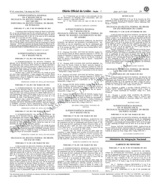 Nº 45, sexta-feira, 7 de março de 2014 29ISSN 1677-7050
EXEMPLAR DE ASSINANTE DA
IMPRENSA
NACIONAL
Este documento pode ser verificado no endereço eletrônico http://www.in.gov.br/autenticidade.html,
pelo código 00022014030700064
Documento assinado digitalmente conforme MP no- 2.200-2 de 24/08/2001, que institui a
Infraestrutura de Chaves Públicas Brasileira - ICP-Brasil.
2
SUPERINTENDÊNCIA REGIONAL
DA 4ª REGIÃO FISCAL
DELEGACIA DA RECEITA FEDERAL DO BRASIL
EM CARUARU
INSPETORIA DA RECEITA FEDERAL DO BRASIL
EM PETROLINA
PORTARIA Nº 1, DE 27 DE FEVEREIRO DE 2013
A Inspetora-chefe da Receita Federal do Brasil em Petrolina-
PE, no uso das atribuições que lhe são conferidas pelo art. 302, inciso
XII, do Regimento Interno da Secretaria da Receita Federal do Brasil,
aprovado pela Portaria MF nº 203, de 14 de maio de 2012, publicada
no DOU de 17 de maio de 2012, resolve:
Art. 1º Designar o servidor DARIO REGO AMBROSIO, Au-
ditor Fiscal da Receita Federal, matrícula SIAPE n° 1537522; CPF n°
793.531.344-04, lotado e em exercício no Setor de Fiscalização e Controle
Aduaneiro - SIANA da Inspetoria da Receita Federal do Brasil em Pe-
trolina-PE, para ser habilitado no perfil OPCONTA do Segmento/Ambien-
te GRANDE PORTE SERPRO/PRODUÇÃO, do Sistema Senha-Rede.
DANIELA BARRETO DUARTE
SUPERINTENDÊNCIA REGIONAL
DA 6ª REGIÃO FISCAL
PORTARIA Nº 133, DE 5 DE MARÇO DE 2014
O SUPERINTENDENTE DA RECEITA FEDERAL DO
BRASIL DA 6ª REGIÃO FISCAL, no uso da competência que lhe
foi subdelegada pela Portaria RFB COGEP nº 148, de 16/03/2012,
tendo em vista o que consta no processo nº 10660.720412/2014-53, e,
com fundamento no inciso VIII do artigo 33 da Lei nº 8.112, de 11 de
dezembro de 1990, publicada no Diário Oficial da União de 12 de
dezembro de 1990, e suas alterações, resolve:
Declarar vago, a partir de 24/02/2014, em virtude de posse
em outro cargo inacumulável, o cargo ocupado pelo servidor Bruno
Resende Lessa, matrícula Siapecad nº 01520032, Assistente Técnico
Administrativo, Classe A, Padrão III, lotado na Delegacia da Receita
Federal do Brasil de Varginha.
HERMANO LEMOS DE AVELLAR MACHADO
PORTARIA Nº 134, DE 5 DE MARÇO DE 2014
O SUPERINTENDENTE DA RECEITA FEDERAL DO
BRASIL DA 6ª REGIÃO FISCAL, no uso da competência que lhe
foi subdelegada pela Portaria RFB COGEP nº 148, de 16/03/2012,
tendo em vista o que consta no processo nº 10660.720407/2014-41, e,
com fundamento no inciso VIII do artigo 33 da Lei nº 8.112, de 11 de
dezembro de 1990, publicada no Diário Oficial da União de 12 de
dezembro de 1990, e suas alterações, resolve:
Declarar vago, a partir de 24/02/2014, em virtude de posse
em outro cargo inacumulável, o cargo ocupado pelo servidor JU-
CEMARA DA SILVA WANDRATSCH RAMOS, matrícula Siapecad
nº 01489067, Assistente Técnico Administrativo, Classe A, Padrão
IV, lotado na Delegacia da Receita Federal do Brasil de Varginha.
HERMANO LEMOS DE AVELLAR MACHADO
PORTARIA Nº 135, DE 5 DE MARÇO DE 2014
O SUPERINTENDENTE DA RECEITA FEDERAL DO
BRASIL DA 6ª REGIÃO FISCAL, no uso da competência que lhe
foi subdelegada pela Portaria RFB COGEP nº 148, de 16/03/2012,
tendo em vista o que consta no processo nº 10630.720118/2014-07, e,
com fundamento no inciso VIII do artigo 33 da Lei nº 8.112, de 11 de
dezembro de 1990, publicada no Diário Oficial da União de 12 de
dezembro de 1990, e suas alterações, resolve:
Declarar vago, a partir de 24/02/2014, em virtude de posse
em outro cargo inacumulável, o cargo ocupado pelo servidor Roberto
Lacerda Mendes, matrícula Siapecad nº 01659840, Assistente Técnico
Administrativo, Classe A, Padrão II, lotado na Delegacia da Receita
Federal do Brasil de Governador Valadares.
HERMANO LEMOS DE AVELLAR MACHADO
DELEGACIA DA RECEITA FEDERAL DO BRASIL
EM JUIZ DE FORA
PORTARIA Nº 15, DE 6 DE MARÇO DE 2014
O DELEGADO DA RECEITA FEDERAL DO BRASIL EM
JUIZ DE FORA, Estado de Minas Gerais, no uso de suas atribuições
regimentais, tendo em vista o disposto nos artigos 302 e 313 do
Regimento Interno da Secretaria da Receita Federal do Brasil, apro-
vado pela Portaria MF nº 203, de 14 de maio de 2012, publicada no
DOU de 14 de maio de 2012, com as alterações dadas pela Portaria
MF nº 512, publicada no DOU de 4 de outubro de 2013 resolve:
Art. 1º Delegar competências à servidora MARY MIRANDA
FERREIRA SALVIANO, Analista Tributário da Receita Federal do
Brasil, matrícula Siapecad 87926, para, no período de 11 a 14 de
março de 2014, praticar os atos de que trata o art. 250 do Regimento
Interno da Secretaria da Receita Federal do Brasil, e demais atri-
buições inerentes ao Chefe da Seção de Programação e Logística -
Sapol da Delegacia da Receita Federal do Brasil em Juiz de Fora,
expressas na Portaria de Delegação de Competências desta Unidade,
tendo em vista os afastamentos legais do chefe e da sua substituta
eventual.
Art. 2º Determinar que em todos os atos praticados em fun-
ção das atribuições ora delegadas sejam mencionados, após assi-
natura, o número e a data desta Portaria.
Art. 3º Esta Portaria entra em vigor na data de sua pu-
blicação.
MARCOS ADRIANO AMORIM
SUPERINTENDÊNCIA REGIONAL
DA 7ª REGIÃO FISCAL
DELEGACIA ESPECIAL DA RECEITA FEDERAL DO
BRASIL DE MAIORES CONTRIBUINTES NO RIO
DE JANEIRO
O TITULAR DA DELEGACIA ESPECIAL DA RECEITA
FEDERAL DO BRASIL DE MAIORES CONTRIBUINTES - DE-
MAC/RJO, no uso da competência que lhe foi subdelegada pela
Portaria RFB nº 4338, de 9 de setembro de 2005, publicada no DOU
de 12 de setembro de 2005, e tendo em vista a Portaria RFB nº 4071,
de 2 de maio de 2007, resolve:
Nº 23 - Dispensar SALATIEL ANTUNES DE MATOS, Auditor Fis-
cal da Receita Federal do Brasil, matrícula Siapecad nº 1292387, do
encargo de Substituto Eventual do Chefe da Equipe de Arrecadação e
Cobrança - EAC/3 da Delegacia Especial da Receita Federal do
Brasil de Maiores Contribuintes no Rio de Janeiro - Demac/RJO,
Código DAS-101.1.
Nº 24 - Designar JOSÉ LUCIANO DOS SANTOS RIBEIRO, Au-
ditor Fiscal da Receita Federal do Brasil, matrícula Siapecad nº
881633, para exercer o encargo de Substituto Eventual do Chefe da
Equipe de Arrecadação e Cobrança - EAC/3 da Delegacia Especial da
Receita Federal do Brasil de Maiores Contribuintes no Rio de Janeiro
- Demac/RJO, Código DAS-101.1.
Nº 25 - Dispensar SALATIEL ANTUNES DE MATOS, Auditor Fis-
cal da Receita Federal do Brasil, matrícula Siapecad nº 1292387, da
Função Gratificada de Assistente da Delegacia Especial da Receita
Federal do Brasil de Maiores Contribuintes no Rio de Janeiro -
Demac/RJO, Código FG-3.
Nº 26 - Designar FELIPE MAIA GOMES, Auditor Fiscal da Receita
Federal do Brasil, matrícula Siapecad nº 1572233, para exercer a
Função Gratificada de Assistente da Delegacia Especial da Receita
Federal do Brasil de Maiores Contribuintes no Rio de Janeiro -
Demac/RJO, Código FG-3.
Nº 27 - Nomear SALATIEL ANTUNES DE MATOS, Auditor Fiscal
da Receita Federal do Brasil, matrícula Siapecad nº 1292387, para
exercer o cargo em comissão de Chefe da Equipe de Arrecadação e
Cobrança - EAC/3 da Divisão de Orientação e Análise Tributária da
Delegacia Especial da Receita Federal do Brasil de Maiores Con-
tribuintes no Rio de Janeiro (RJ), Código DAS-101.1.
RICARDO FERNANDES TEIXEIRA DE
FREITAS
SUPERINTENDÊNCIA REGIONAL
DA 8ª REGIÃO FISCAL
PORTARIA Nº 93, DE 5 DE MARÇO DE 2014
O SUPERINTENDENTE REGIONAL SUBSTITUTO DA
RECEITA FEDERAL DO BRASIL NA 8ª REGIÃO FISCAL, no uso
da competência que lhe foi subdelegada pela Portaria Cogep nº 148,
de 16 de março de 2012, publicada no Diário Oficial da União, de 19
de março de 2012, tendo em vista o que consta no Processo nº
12725.720012/2014 - 71 e, de acordo com o artigo 33, inciso VIII, da
Lei nº 8.112, de 11 de dezembro de 1990, resolve:
Declarar vago, em virtude de posse em outro cargo ina-
cumulável, o cargo ocupado pela servidora JULIANA KANG, ma-
trículas SIAPEcad n° 1491073 e SIAPE nº 1723379, Assistente Téc-
nico Administrativo, Classe A, Padrão IV, lotada e em exercício na
Delegacia Especial da Receita Federal do Brasil de Pessoas Físicas
em São Paulo/SP, a partir de 24 de fevereiro de 2014.
MARCELO BARRETO DE ARAUJO
PORTARIA Nº 94, DE 5 DE MARÇO DE 2014
O SUPERINTENDENTE REGIONAL SUBSTITUTO DA
RECEITA FEDERAL DO BRASIL NA 8ª REGIÃO FISCAL, no uso
da competência que lhe foi subdelegada pela Portaria Cogep nº 148,
de 16 de março de 2012, publicada no Diário Oficial da União, de 19
de março de 2012, tendo em vista o que consta no Processo nº
10875.720509/2014 - 41 e, de acordo com o artigo 33, inciso VIII, da
Lei nº 8.112, de 11 de dezembro de 1990, resolve:
Declarar vago, em virtude de posse em outro cargo ina-
cumulável, o cargo ocupado pelo servidor WAGNER ROGERIO RI-
BEIRO, matrículas SIAPEcad n° 1492340 e SIAPE nº 1726133, As-
sistente Técnico Administrativo, Classe A, Padrão IV, lotado e em
exercício na Delegacia da Receita Federal do Brasil em Guarulhos/SP,
a partir de 24 de fevereiro de 2014.
MARCELO BARRETO DE ARAUJO
RETIFICAÇÃO
Na Portaria SRRF08/P nº 87, de 28 de fevereiro de 2014,
publicada no DOU de 05 de março de 2014, Seção 2, página 54, onde
se lê: " matriculas SIAPEcad nº 1529352", leia-se: matriculas SIA-
PEcad nº 1519352.
DELEGACIA DA RECEITA FEDERAL DO BRASIL
EM SÃO BERNARDO DO CAMPO
PORTARIA Nº 9, DE 26 DE FEVEREIRO DE 2014
O DELEGADO DA RECEITA FEDERAL DO BRASIL EM
SÃO BERNARDO DO CAMPO, no uso das atribuições que lhe
confere o artigo 314, do Regimento Interno da Secretaria da Receita
Federal do Brasil, aprovado pela Portaria MF nº 203, de 14 de maio
de 2012, publicada no DOU de 17 de maio de 2012, alterada pela
Portaria MF nº 512, de 02 de outubro de 2013, publicada no DOU de
04 de outubro de 2013, e tendo em vista o disposto nos artigos 11 e
12 do DL 200, de 25 de fevereiro de 1967, regulamentado pelo
Decreto nº 83937, de 06 de setembro de 1979 e pelo Decreto nº
86377, de 17 de setembro de 1981, resolve:
Delegar competência ao servidor EDGAR SUEICHI YAGI,
AFRFB, matrícula Siapecad nº 87763, para, nos dias 11/03/2014 a
13/03/2014, praticar em relação às competências de que trata o artigo
224, as atribuições de que tratam os artigos 302, 307 e 314 da
Portaria MF nº 203, de 14 de maio de 2013, publicada no DOU de 17
de maio de 2013, alterada pela Portaria MF nº 512, de 02 de outubro
de 2013, publicada no DOU de 04 de outubro de 2013, que re-
gulamentou o Regimento Interno da Secretaria da Receita Federal do
Brasil, no afastamento legal e simultâneo do Delegado e do Substituto
Eventual desta Delegacia.
MARIO BENJAMIN BARTOS
DELEGACIA DA RECEITA FEDERAL DO BRASIL
EM SÃO JOSÉ DOS CAMPOS
PORTARIAS DE 6 DE MARÇO DE 2014
O DELEGADO DA RECEITA FEDERAL DO BRASIL EM
SÃO JOSÉ DOS CAMPOS - SP, usando da competência que lhe foi
subdelegada pela Portaria RFB nº 4.338, de 9 de setembro de 2005,
publicada no DOU de 12 de setembro de 2005, e tendo em vista o
disposto na Portaria RFB nº 4.071, de 2 de maio de 2007, publicada
no DOU de 2 de maio de 2007, Edição Extra, resolve:
Nº 34 - Dispensar, a pedido, o servidor CARLOS VINICIO LA-
CERDA NACIF, AFRFB, matrículas Siapecad 16638 e Siape nº
111181, da Função Gratificada de Assistente, código FG-1, desta
Delegacia.
Nº 35 - Designar o servidor JOSÉ ALMEIDA DE FREITAS,
AFRFB, matrículas Siapecad nº 63988 e Siape nº 1229113, para
exercer a Função Gratificada de Assistente, código FG-1, desta De-
legacia.
ROGÉRIO HINO
SUPERINTENDÊNCIA REGIONAL
DA 10ª REGIÃO FISCAL
DELEGACIA DA RECEITA FEDERAL DO BRASIL
EM PORTO ALEGRE
PORTARIA Nº 53, DE 5 DE MARÇO DE 2014
O DELEGADO DA RECEITA FEDERAL DO BRASIL EM
PORTO ALEGRE, no uso da competência que lhe foi subdelegada
pela Portaria RFB nº 4338, de 09/09/2005, publicada no DOU de
12/09/2005, e convalidada pela Portaria RFB nº 4.071, de 02 de maio
de 2007, publicada na edição extra do DOU de 02 de maio de 2007,
resolve:
Nomear ANELISE HACKBART PORN, Auditor-Fiscal da
Receita Federal do Brasil, matrícula Siapecad nº 64830, para exercer
o cargo em comissão de Assistente Técnico da Delegacia da Receita
Federal do Brasil em Porto Alegre (RS), Código DAS-102-.1.
ALEXANDRE RAMPELOTTO
GABINETE DO MINISTRO
PORTARIA Nº 18, DE 25 DE FEVEREIRO DE 2014
A CORREGEDORA-GERAL, SUBSTITUTA, DO MINIS-
TÉRIO DA INTEGRAÇÃO NACIONAL, no uso da competência
que lhe foi delegada pela Portaria n.º 89, publicada no Diário Oficial
da União (DOU) n.º 39, Seção 1, pág. 89, de 25 de fevereiro de 2014;
e tendo em vista o disposto no art. 152, da Lei 8.112, de 11 de
dezembro de 1990; e na Portaria nº 152, publicada no Diário Oficial
da União (DOU) nº 38, Seção 2, pág. 42, de 24 de fevereiro de 2014,
resolve:
Art. 1º - Retificar a Portaria CRG/GM/MI n.º 6, de 27 de
janeiro de 2014, publicada no DOU de 03 de fevereiro de 2014, que
passa a ter a seguinte redação:
onde se lê: "PORTARIA N.º 6, DE 27 DE JANEIRO DE
2014 [...]."
Ministério da Integração Nacional
.
 
