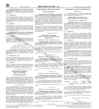 Nº 45, sexta-feira, 7 de março de 20144 ISSN 1677-7050
COMERCIALIZAÇÃO
PROIBIDA
POR TERCEIROS
Este documento pode ser verificado no endereço eletrônico http://www.in.gov.br/autenticidade.html,
pelo código 00022014030700064
Documento assinado digitalmente conforme MP no- 2.200-2 de 24/08/2001, que institui a
Infraestrutura de Chaves Públicas Brasileira - ICP-Brasil.
2
O MINISTRO DE ESTADO CHEFE DA CONTROLA-
DORIA-GERAL DA UNIÃO, no uso da competência que lhe foi
subdelegada pelo art. 1º da Portaria nº 1.056, do Ministro de Estado
Chefe da Casa Civil da Presidência da República, de 11 de junho de
2003, resolve
Nº 445 - EXONERAR
EVELINE MARTINS BRITO, Analista de Finanças e Controle, do
cargo de Coordenadora-Geral de Integração e Desenvolvimento Ins-
titucional, código DAS 101.4, da Diretoria de Planejamento e De-
senvolvimento Institucional da Secretaria-Executiva da Controladoria-
Geral da União, a partir de 5 de março de 2014, por ter sido nomeada
para outro cargo.
Nº 446 - NOMEAR
GIOVANNI PACELLI CARVALHO LUSTOSA DA COSTA, Ana-
lista de Finanças e Controle, para exercer o cargo de Coordenador-
Geral de Integração e Desenvolvimento Institucional, código DAS
101.4, da Diretoria de Planejamento e Desenvolvimento Institucional
da Secretaria-Executiva da Controladoria-Geral da União, exoneran-
do-o do que atualmente ocupa.
O MINISTRO DE ESTADO CHEFE DA CONTROLADO-
RIA-GERAL DA UNIÃO, no uso da competência que lhe foi conferida
pelo art. 38 da Lei nº 8.112, de 11 de dezembro de 1990, resolve
Nº 447 - DESIGNAR
LEANDRO JOSÉ DE OLIVEIRA, Analista de Finanças e Controle,
para substituir a Corregedora Setorial da Área de Previdência Social,
código DAS 101.4, da Corregedoria-Adjunta da Área Social da Cor-
regedoria-Geral da União da Controladoria-Geral da União, no pe-
ríodo de 6 a 14 de março de 2014.
JORGE HAGE SOBRINHO
SECRETARIA EXECUTIVA
PORTARIAS DE 6 DE MARÇO DE 2014
O SECRETÁRIO EXECUTIVO DA CONTROLADO-
RIA-GERAL DA UNIÃO, no uso da competência que lhe foi de-
legada pelo inciso V do art. 1º da Portaria CGU n.º 245, de 10 de
junho de 2003, publicada no Diário Oficial da União de 11 de junho
2003, resolve:
Nº 442 - EXONERAR, a pedido,
ZIANA SOUZA SANTOS, Analista de Finanças e Controle, do cargo
de Chefe de Divisão da Coordenação-Geral de Atendimento ao Ci-
dadão, código DAS 101.2, da Ouvidoria-Geral da União da Con-
troladoria-Geral da União, a partir de 24 de fevereiro de 2014.
Nº 443 - NOMEAR
JANICE DE ALMEIDA MENEZES DOS SANTOS, Analista de
Finanças e Controle, para exercer o cargo de Chefe de Divisão na
Coordenação-Geral de Atendimento ao Cidadão, código DAS 101.2,
da Ouvidoria-Geral da União da Controladoria-Geral da União.
CARLOS HIGINO RIBEIRO DE ALENCAR
SECRETARIA DE POLÍTICAS
PARA AS MULHERES
DESPACHOS DA MINISTRA
Em 28 de fevereiro de 2014
Processo no. 00011U 00036.000255/2014-79 Afastamento do País da
servidora SÔNIA MALHEIROS MIGUEL, matrícula SIAPE nº
1398889 Assessora Especial da Secretaria de Políticas para as Mu-
lheres da Presidência da República, código DAS 102.5, no período de
15 a 22 de março de 2014, incluindo passagens, com ônus, para
participar da 58º Sessão da Comissão Sobre a Situação da Mulher, que
será realizada na cidade de Nova Iorque/Estados Unidos. Autorizo.
Em 5 de março de 2014
Processo no.00036.000256/2014-13. Afastamento do País da servidora
LOURDES MARIA BANDEIRA, matrícula SIAPE nº 003308111,
Secretária-Executiva da Secretaria de Políticas para as Mulheres da
Presidência da República, Cargo de Natureza Especial, no período de
09 a 15 de março de 2014, com passagens aéreas, com ônus, para
representar a Senhora Ministra de Estado Chefe da Secretaria de
Políticas para as Mulheres na da 58º Sessão de Comissão Sobre a
Situação da Mulher, que será realizada na cidade de Nova Iorque/Es-
tados Unidos. Autorizo.
Processo no.00036.000256/2014-13. Afastamento do País da servidora
MARISE RIBEIRO NOGUEIRA GUEBEL, matrícula SIAPE nº
1093314, Coordenadora-Geral da Secretaria de Políticas para as Mu-
lheres da Presidência da República, código DAS 101.4, no período de
09 a 15 de março de 2014, com passagens aéreas, com ônus, para
participar da 58º Sessão de Comissão Sobre a Situação da Mulher, que
será realizada na cidade de Nova Iorque/Estados Unidos. Autorizo.
ELEONORA MENICUCCI
SECRETARIA DE COMUNICAÇÃO SOCIAL
DESPACHO DO MINISTRO
Em 6 de março de 2014
O MINISTRO DE ESTADO CHEFE DA SECRETARIA
DE COMUNICAÇÃO SOCIAL DA PRESIDÊNCIA DA REPÚ-
BLICA,no uso da competência que lhe foi delegada pelo Decreto n°
1.387, de 7 de fevereiro de 1995, modificado pelo Decreto n° 3.025,
de 4 de abril de 1999, e tendo em vista o Decreto nº 7.689, de 2 de
março de 2012, resolve autorizar o afastamento do País da equipe da
Empresa Brasil de Comunicação - EBC que realizará a cobertura
jornalística da viagem oficial da Excelentíssima Senhora Presidenta
da República, nas cidades de Santiago e Valparaíso/Chile, onde par-
ticipará da Cerimônia de Posse da Senhora Michelle Bachelet como
Presidente do Chile.
ROGÉRIO ALVES DA SILVA - Produção; PAULO JOSÉ LA SAL-
VIA- Jornalismo e EDILSON DAS NEVES BARROS - Coordenador
de Atividade V, no período de 8 a 12 de março de 2014; e de JOSÉ
CARLOS GONÇALVES, Reportagem Cinematográfica, no período
de 10 a 12 de março de 2014, inclusive trânsito, com ônus. Processo:
00170.000364/2014-41.
THOMAS TRAUMANN
SECRETARIA DE PORTOS
AGÊNCIA NACIONAL DE TRANSPORTES
AQUAVIÁRIOS
PORTARIA Nº 124, DE 6 DE MARÇO DE 2014
O DIRETOR-GERAL SUBSTITUTO DA AGÊNCIA
NACIONAL DE TRANSPORTES AQUAVIÁRIOS - ANTAQ, no
uso das atribuições que lhe conferem os incisos IV e VII do art. 54 do
Regimento Interno, resolve:
Art. 1º Exonerar, ad referendum, em virtude de designação
para o cargo de Diretor Interino, FERNANDO JOSE DE PADUA
COSTA FONSECA, matrícula SIAPE nº 6839966, do Cargo Co-
missionado de Gerente de Regulação Portuária, Código CGE III.
Art. 2º Esta Portaria entra em vigor na data de sua pu-
blicação.
MÁRIO POVIA
PORTARIA Nº 125, DE 6 DE MARÇO DE 2014
O DIRETOR-GERAL SUBSTITUTO DA AGÊNCIA
NACIONAL DE TRANSPORTES AQUAVIÁRIOS - ANTAQ, no
uso das atribuições que lhe conferem os incisos IV e VII do art. 54 do
Regimento Interno, resolve:
Art. 1º Dispensar LUIZ OSMAR SCARDUELLI JUNIOR,
matrícula SIAPE nº 1776840, do encargo de substituto do Titular da
Gerência de Regulação Portuária - GRP nos afastamentos, impe-
dimentos legais ou regulamentares e na vacância do cargo.
Art. 2º Esta Portaria entra em vigor na data de sua pu-
blicação.
MÁRIO POVIA
PORTARIA Nº 126, DE 6 DE MARÇO DE 2014
O DIRETOR-GERAL SUBSTITUTO DA AGÊNCIA
NACIONAL DE TRANSPORTES AQUAVIÁRIOS - ANTAQ, no
uso das atribuições que lhe conferem os incisos IV e VII do art. 54 do
Regimento Interno, resolve:
Art. 1º Nomear, ad referendum, LUIZ OSMAR SCARDUEL-
LI JUNIOR, matrícula SIAPE nº 1776840, para exercer o Cargo Co-
missionado de Gerente de Regulação Portuária, código CGE III.
Art. 2º Esta Portaria entra em vigor na data de sua pu-
blicação.
MÁRIO POVIA
PORTARIA Nº 127, DE 6 DE MARÇO DE 2014
O DIRETOR-GERAL SUBSTITUTO DA AGÊNCIA
NACIONAL DE TRANSPORTES AQUAVIÁRIOS - ANTAQ, no
uso das atribuições que lhe conferem os incisos IV e VII do art. 54 do
Regimento Interno, resolve:
Art. 1º Designar WASHINGTON ANTUNES DE ABREU,
matrícula SIAPE nº 0839963, para substituir o Titular da Gerência de
Regulação Portuária - GRP nos afastamentos, impedimentos legais ou
regulamentares e na vacância do cargo.
Art. 2º Esta Portaria entra em vigor na data de sua pu-
blicação.
MÁRIO POVIA
SECRETARIA DE ASSUNTOS ESTRATÉGICOS
RETIFICAÇÃO
Na Numeração da Portaria de Nomeação de DANIEL MEN-
DES DE SOUSA, publicado no DOU de 6 de março de 2014, Seção
2, pág. 1, onde se lê: Nº 26, leia-se: Nº 27.
SECRETARIA DE AVIAÇÃO CIVIL
AGÊNCIA NACIONAL DE AVIAÇÃO CIVIL
PORTARIAS DE 6 DE MARÇO DE 2014
O DIRETOR-PRESIDENTE DA AGÊNCIA NACIONAL
DE AVIAÇÃO CIVIL - ANAC, no uso das atribuições que lhe
conferem os arts. 16 da Lei nº 11.182, de 27 de setembro de 2005, e
35, inciso II, do Anexo I do Decreto nº 5.731, de 20 de março de
2006, e tendo em vista o Regimento Interno aprovado pela Resolução
nº 110, de 15 de setembro de 2009, com as alterações posteriores, e
o disposto no art. 38 da Lei nº 8.112, de 11 de dezembro de 1990,
resolve:
Nº 514 - DESIGNAR
BRUNO LIMA E SILVA FALCÃO, matrícula SIAPE nº 1668895,
para exercer o encargo de substituto eventual do Cargo em Comissão
de Gerente de Concessões de Infraestrutura Aeroportuária, código
CGE III, da Superintendência de Regulação Econômica e Acom-
panhamento de Mercado desta Agência, nos afastamentos, impedi-
mentos legais ou regulamentares do titular e na vacância do cargo.
Nº 515 - DESIGNAR
JANAÍNA MADURO DE LORENZO, matrícula SIAPE nº 1500269,
para exercer o encargo de substituta eventual do Cargo em Comissão
de Gerente de Regulação Econômica, código CGE III, da Supe-
rintendência de Regulação Econômica e Acompanhamento de Mer-
cado desta Agência, no período de 5 a 7 de março de 2014, em
virtude de férias do titular e do substituto previamente designado,
convalidando os atos praticados pela servidora, a contar de 5 de
março de 2014.
O DIRETOR-PRESIDENTE DA AGÊNCIA NACIONAL
DE AVIAÇÃO CIVIL - ANAC, no uso das atribuições que lhe
conferem os arts. 16 da Lei nº 11.182, de 27 de setembro de 2005, e
35, inciso II, do Anexo I do Decreto nº 5.731, de 20 de março de
2006, e tendo em vista o Regimento Interno aprovado pela Resolução
nº 110, de 15 de setembro de 2009, com as alterações posteriores,
resolve:
Nº 516 - EXONERAR, a pedido,
IGOR DIAS FIGUEIREDO PINTO, matrícula SIAPE nº 1920261, do
Cargo em Comissão de Assistente, código CAS II, da Gerência Téc-
nica de Licitações e Contratos, da Gerência de Logística, da Su-
perintendência de Administração e Finanças desta Agência, em Bra-
sília/DF, a contar de 5 de março de 2014.
O DIRETOR-PRESIDENTE DA AGÊNCIA NACIONAL
DE AVIAÇÃO CIVIL - ANAC, no uso das atribuições que lhe
conferem o art. 16 da Lei nº 11.182, de 27 de setembro de 2005, e o
art. 35, inciso II, do Anexo I do Decreto nº 5.731, de 20 de março de
2006, em cumprimento à decisão proferida pela Sexta Turma do
Tribunal Regional Federal nos autos da Apelação Cível nº 0020595-
25.2009.4.01.3400, e considerando o que consta do processo nº
00058.018239/2014-84, resolve:
Nº 517 - Art. 1º Nomear, sub judice, para o cargo efetivo de Es-
pecialista em Regulação de Aviação Civil - PILE, Classe A, Padrão I,
de que trata o Edital nº 01/2007, publicado no Diário Oficial da
União - DOU de 1º de fevereiro de 2007, Seção 3, Edição 23, o
candidato a seguir mencionado:
Classificação Candidato Localidade
da Vaga
Código
da Vaga
10 Luciano Predes Teixeira
da Silva
Rio de Janeiro 0817109
Art. 2º Tornar sem efeito o ato de provimento do candidato
LUCIANO PREDES TEIXEIRA DA SILVA, nomeado pela Portaria
nº 1.245, de 28 de novembro de 2007, publicada no Diário Oficial da
União de 11 de dezembro de 2007, Seção 2, página 10.
Art. 3º O exercício do candidato dar-se-á no local da uni-
dade federativa para a qual o candidato foi nomeado, conforme en-
dereços informados no Anexo I desta Portaria.
Art. 4º Esta Portaria entra em vigor na data de sua pu-
blicação.
MARCELO PACHECO DOS GUARANYS
ANEXO
Local Endereço - ANAC
Rio de Janeiro - RJ Avenida Presidente Vargas, 850, Centro, Edifício
Torre Boa Vista, 3º andar,. CEP 20.071-001.
 