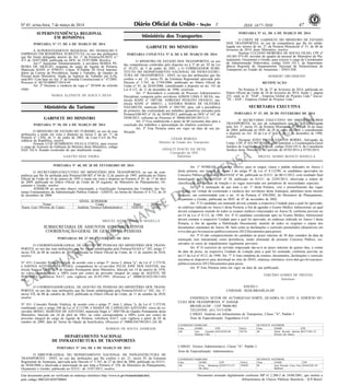 Nº 45, sexta-feira, 7 de março de 2014 47ISSN 1677-7050
EXEMPLAR DE ASSINANTE DA
IMPRENSA
NACIONAL
Este documento pode ser verificado no endereço eletrônico http://www.in.gov.br/autenticidade.html,
pelo código 00022014030700064
Documento assinado digitalmente conforme MP no- 2.200-2 de 24/08/2001, que institui a
Infraestrutura de Chaves Públicas Brasileira - ICP-Brasil.
2
SUPERINTENDÊNCIA REGIONAL
EM RONDÔNIA
PORTARIA No- 17, DE 6 DE MARÇO DE 2014
A SUPERINTENDENTE REGIONAL DO TRABALHO E
EMPREGO EM RONDÔNIA SUBSTITUTA, no uso das atribuições
que lhe foram delegadas através do Art. 1º da Portaria/SE/MTE n.º
473 de 24/07/2008, publicada no DOU de 25/07/2008. Resolve:
Art.1º Aposentar Voluntariamente, a servidora MARIA PE-
REIRA DE ARAÚJO, ocupante do cargo de Agente de Portaria,
Matricula SIAPE nº 0700351, Classe 'S',Padrão III Nível Interme-
diário da Carreia da Previdência, Saúde e Trabalho, do Quadro de
Pessoal deste Ministério, lotada na Agência do Trabalho em Ji-Pa-
raná-RO. Com base no Art. 3º da Emenda Constitucional n.º 47/2005.
Processo nº 46759.000027/2014-44.
Art. 2º Declarar a vacância da vaga n.º 201044 do referido
cargo.
MARIA ALZINETE DE JESUS E SILVA
GABINETE DO MINISTRO
PORTARIA Nº 50, DE 6 DE MARÇO DE 2014
O MINISTRO DE ESTADO DO TURISMO, no uso de suas
atribuições e tendo em vista o disposto no inciso I, do art. 1º, da
Portaria nº 1.056, de 11 de junho de 2003, da Casa Civil da Pre-
sidência da República, resolve
Nomear LUIZ HUMBERTO VILELA COSTA, para exercer
o cargo de Assessor do Gabinete do Ministro deste Ministério, código
DAS 102.4, ficando exonerado do que atualmente ocupa.
GASTÃO DIAS VIEIRA
Ministério do Turismo
.
GABINETE DO MINISTRO
PORTARIA CONJUNTA Nº 8, DE 6 DE MARÇO DE 2014
O MINISTRO DE ESTADO DOS TRANSPORTES, no uso
das competências conferidas pelo disposto no § 2º do art. 92 da Lei
nº 10.233, de 5 de junho de 2001, e O CORREGEDOR SUBS-
TITUTO DO DEPARTAMENTO NACIONAL DE INFRA-ESTRU-
TURA DE TRANSPORTES - DNIT, no uso das atribuições que lhe
confere o art. 13, inciso IV, da Estrutura Regimental aprovada pelo
Decreto nº 5.765, de 27/04/2006, publicado no Diário Oficial da
União n° 81, de 28/04/2006, considerando o disposto no art. 143 da
Lei 8.112, de 11 de dezembro de 1990, resolvem:
Art. 1º Reconduzir a comissão de Processo Administrativo
Disciplinar, composta pelos servidores ADSON LIMA E SILVA, ma-
trícula SIAPE nº 1807100, ADRIANO PEIXOTO FRANCO, ma-
trícula SIAPE nº 1808521, e SANDRA MARIA DE OLIVEIRA
NAZARETH, matrícula SIAPE nº 1091785, para, sob a presidência
do primeiro, dar continuidade aos trabalhos apuratórios iniciados pela
Portaria/GM-MT nº 18, de 28/08/2013, publicada no DOU nº 167, de
29/08/2013, referente ao Processo nº 50600.005205/2013-13.
Art. 2º Fica estabelecido o prazo de 60 (sessenta) dias para a
conclusão dos trabalhos e apresentação do relatório conclusivo.
Art. 3º Esta Portaria entra em vigor na data de sua pu-
blicação.
CÉSAR BORGES
Ministro de Estado dos Transportes
GIDALTI INÁCIO DA SILVA
Corregedor do DNI
Substituto
Ministério dos Transportes
.
PORTARIA Nº 61, DE 6 DE MARÇO DE 2014
O CHEFE DE GABINETE DO MINISTRO DE ESTADO
DOS TRANSPORTES, no uso da competência que lhe foi subde-
legada nos termos do art. 2º, da Portaria Ministerial nº 31, de 06 de
fevereiro de 2014, deste Ministério, resolve:
Nomear LUCIANO MOREIRA DE SOUSA FILHO, CPF nº
102.801.973-49, servidor do quadro de pessoal do Ministério do Pla-
nejamento, Orçamento e Gestão, para exercer o cargo de Coordenador
da Administração Hidroviária, código DAS 101.3, da Superinten-
dência Regional do Departamento Nacional de Infraestrutura de
Transportes no Estado do Amazonas - DNIT/AM.
HERBERT DRUMMOND
RETIFICAÇÃO
Na Portaria nº 58, de 27 de fevereiro de 2014, publicada no
Diário Oficial da União de 28 de fevereiro de 2014, Seção 1, página
255, onde se lê: "EGP - Empresa Global de Projetos Ltda." leia-se:
"IX - EGP - Empresa Global de Projetos Ltda.".
SECRETARIA EXECUTIVA
PORTARIA Nº 47, DE 28 DE FEVEREIRO DE 2014
O SECRETÁRIO EXECUTIVO DO MINISTÉRIO DOS
TRANSPORTES, no uso da competência que lhe foi subdelegada
pelo Art. 1º, inciso IV, da Portaria Ministerial nº 287, de 26 de maio
de 2004, publicada no DOU de 28 de maio de 2004, e considerando
o disposto no Art. 38 da Lei nº 8.112, de 11 de dezembro de 1990,
resolve:
Designar JOÃO PAULO SANTOS BORBA, Advogado da
União, CPF nº 033.997.924-09, para substituir a Coordenadora-Geral
Jurídica de Legislação de Pessoal, código DAS-101.4, da Consultoria
Jurídica deste Ministério, no período de 05/03/2014 a 07/03/2014.
MIGUEL MÁRIO BIANCO MASELLA
PORTARIA Nº 48, DE 28 DE FEVEREIRO DE 2014
O SECRETÁRIO-EXECUTIVO DO MINISTÉRIO DOS TRANSPORTES, no uso da com-
petência que lhe foi atribuída pela Portaria/GM-MT nº 04 de 12 de janeiro de 1995, publicada no Diário
Oficial da União de 16 de janeiro de 1995 e tendo em vista o disposto na Portaria nº 85, de 17 de abril
de 2009, publicada no Diário Oficial da União de 20 seguinte, do Ministério do Planejamento, Or-
çamento e Gestão, resolve:
ATRIBUIR ao servidor abaixo relacionado, a Gratificação Temporária das Unidades dos Sis-
temas Estruturadores da Administração Publica Federal - GSISTE, na forma do Decreto nº 6.712, de 24
de dezembro de 2008:
NÍVEL SUPERIOR
Nome Cargo Siape Sistema
Áureo Luiz Oliveira de Castro Analista Técnico-Administrativo 1830185 SISG
MIGUEL MÁRIO BIANCO MASELLA
SUBSECRETARIA DE ASSUNTOS ADMINISTRATIVOS
COORDENAÇÃO-GERAL DE GESTÃO DE PESSOAS
PORTARIAS DE 27 DE FEVEREIRO DE 2014
O COORDENADOR-GERAL DE GESTÃO DE PESSOAS DO MINISTÉRIO DOS TRANS-
PORTES, no uso das suas atribuições que lhe foram subdelegadas pela Portaria/SAAD n.º 202, artigo 1°
inciso VII, de 08 de outubro de 2010, publicada no Diário Oficial da União, de 11 de outubro de 2010,
resolve:
N° 433- Conceder Pensão Vitalícia, de acordo com o artigo 5º, inciso I, alínea "a", da Lei nº 3.373/58,
à DAVINA ALVES DE OLIVEIRA, companheira do ex-servidor FELIX JOSÉ DOS SANTOS, ma-
trícula Siape n.º 20857519 do Quadro Permanente deste Ministério, falecido em 14 de janeiro de 1976,
no valor correspondente a 100% (cem por cento) do provento integral do cargo de AGENTE DE
PORTARIA, referência NA17, com vigência em 01/01/1991. (Processo n.º 50000.021825/2013-69)
BA.
O COORDENADOR-GERAL DE GESTÃO DE PESSOAS DO MINISTÉRIO DOS TRANS-
PORTES, no uso das suas atribuições que lhe foram subdelegadas pela Portaria/SAAD n.º 202, Art. 1º,
inciso VII, de 08 de outubro de 2010, publicada no Diário Oficial da União, de 11 de outubro de 2010,
resolve:
N° 431- Conceder Pensão Vitalícia, de acordo com o artigo 5º, item I, alínea "a, da Lei nº 3.373/58,
combinado com o artigo 248 da Lei nº 8.112/90, à MARIA DE CARVALHO AZEVEDO, viúva do ex-
servidor IRINEU MARTINS DE AZEVEDO, matrícula Siape n.º 2085746 do Quadro Permanente deste
Ministério, falecido em 24 de abril de 1961, no valor correspondente a 100% (cem por cento) do
provento integral do cargo de Agente de Portaria, referência NA17, com vigência a partir de 02 de
outubro de 2009, data do Termo de Opção da beneficiária. (Processo nº 50000.036749/2011-24) SE
ROBSON DE SOUZA ANDRADE
DEPARTAMENTO NACIONAL
DE INFRAESTRUTURA DE TRANSPORTES
PORTARIA Nº 344, DE 6 DE MARÇO DE 2014
O DIRETOR-GERAL DO DEPARTAMENTO NACIONAL DE INFRAESTRUTURA DE
TRANSPORTES - DNIT, no uso das atribuições que lhe confere o art. 21, inciso IV, da Estrutura
Regimental da Autarquia, aprovada pelo Decreto n° 5.765, de 27 de abril de 2006, publicado no D.O.U.
de 28/04/2006 e observada a autorização de que trata a Portaria nº 258, do Ministério do Planejamento,
Orçamento e Gestão, publicada no D.O.U. de 15/07/2013, resolve:
Art. 1º NOMEAR em caráter efetivo, para os cargos, classe e padrão indicados no Anexo I
desta portaria, nos termos do inciso I do artigo 9º da Lei nº 8.112/90, os candidatos aprovados no
Concurso Público objeto do Edital/ESAF nº 66, publicado no D.O.U. de 06/11/2012, com resultado final
homologado pelo Edital/ESAF nº 38, publicado no D.O.U. de 22/05/2013, observada a ordem de
classificação por unidade de lotação e as vagas reservadas aos portadores de necessidades especiais.
Art. 2º A nomeação de que trata o art. 1º desta Portaria, visa o preenchimento das vagas
ocorridas em virtude da exoneração e vacância dos servidores desta Autarquia, admitidos neste mesmo
concurso, em conformidade com o art. 16 da Portaria nº 450/2002, do Ministério do Planejamento,
Orçamento e Gestão, publicada no DOU de 07 de novembro de 2002.
Art. 3º O candidato ora nomeado deverá contatar a respectiva Unidade para a qual foi aprovado,
no endereço indicado no Anexo I desta Portaria, a fim de agendar o Exame Médico Admissional, ao qual
deverá comparecer munido de todos os exames médicos relacionados no Anexo II, conforme previsto no
art.14 da Lei nº 8.112, de 1990. Art. 4º O candidato considerado apto no Exame Médico Admissional
deverá contatar a respectiva Unidade para a qual foi aprovado, no endereço indicado no Anexo I desta
Portaria, a fim de agendar a Habilitação Documental, munido de todos os originais e cópias dos
documentos constantes do Anexo III, bem como as declarações e currículo preenchidos (disponíveis em
www.dnit.gov.br/concurso-publico/concurso-2012/Documentos-para-posse).
Art. 5º O não comparecimento do candidato no prazo máximo de 30 dias contados da data da
nomeação será interpretado como desistência, sendo eliminado do presente Concurso Público, res-
salvados os casos de impedimentos legalmente previstos.
Art. 6º O exercício do servidor empossado dar-se-á no prazo máximo de quinze dias, a contar
da data da posse, na respectiva Unidade de Lotação para a qual foi nomeado, conforme previsto no
art.15 da Lei nº 8112, de 1990. Art. 7º A lista completa de exames, documentos, declarações e currículo
encontra-se disponível para download no sitio do DNIT, endereço eletrônico www.dnit.gov.br/concurso-
publico/concurso-2012/Documentos-para-posse.
Art. 8º Esta Portaria entra em vigor na data de sua publicação.
TARCÍSIO GOMES DE FREITAS
Substituto
ANEXO I
UNIDADE: SEDE/BRASÍLIA-DF
ENDEREÇO: SETOR DE AUTARQUIAS NORTE, QUADRA 03, LOTE A, EDIFÍCIO NÚ-
CLEO DOS TRANSPORTES, 4º ANDAR
BRASÍLIA/DF - CEP 70040-902
TELEFONE: (61) 3315-4290
CARGO: Analista em Infraestrutura de Transportes, Classe "A", Padrão I
Área de Especialização: Engenharia Civil
CANDIDATO NOMEADO OCUPANTE ANTERIOR
Class NOME CPF VAGA Class NOME CPF
168 Jose Expedito
Brandao Filho
843224703-00 792738 40 Paulo Ricardo Martins
Ricarte dos Santos
007371401-19
CARGO: Técnico Administrativo, Classe "A", Padrão I
Área de Especialização: Administrativa
CANDIDATO NOMEADO OCUPANTE ANTERIOR
Class NOME CPF VAGA Class NOME CPF
186 Érica Mendonça
De Deus
023873171-57 794959 96 José Ricardo Lima Nery
Barbosa
034425283-30
 