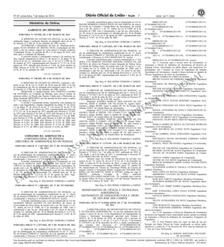 Nº 45, sexta-feira, 7 de março de 2014 7ISSN 1677-7050
EXEMPLAR DE ASSINANTE DA
IMPRENSA
NACIONAL
Este documento pode ser verificado no endereço eletrônico http://www.in.gov.br/autenticidade.html,
pelo código 00022014030700064
Documento assinado digitalmente conforme MP no- 2.200-2 de 24/08/2001, que institui a
Infraestrutura de Chaves Públicas Brasileira - ICP-Brasil.
2
GABINETE DO MINISTRO
PORTARIA No 535/MD, DE 5 DE MARÇO DE 2013
O MINISTRO DE ESTADO DA DEFESA, no uso de suas
atribuições legais e conforme disposto no parágrafo único do art. 1o
do Decreto no 2.790, de 29 de setembro de 1998, resolve:
AUTORIZAR o afastamento do País do Almirante-de-Es-
quadra JULIO SOARES DE MOURA NETO, Comandante da Ma-
rinha, a fim de realizar viagem de visita oficial à Estação Antártica
Comandante Ferraz, no período de 09 a 12 de março de 2014, com
ônus para o Comando da Marinha.
A presente missão é considerada eventual e de natureza mi-
litar, estando enquadrada na alínea "c" do inciso I e na alínea "b" do
inciso II do art. 3o, combinado com o art. 11 da Lei no 5.809, de 10
de outubro de 1972, regulamentada pelo Decreto no 71.733, de 18 de
janeiro de 1973, alterado pelo Decreto no 3.643, de 26 de outubro de
2000, Decreto no 6.258, de 19 de novembro de 2007, e Decreto nº
6.576, de 25 de setembro de 2001.
CELSO AMORIM
PORTARIA Nº 540/MD, DE 6 DE MARÇO DE 2014
O MINISTRO DE ESTADO DA DEFESA, conforme o dis-
posto no art. 46 da Lei no 10.683, de 28 de maio de 2003, e no uso
da competência que lhe foi delegada pelo parágrafo único do art. 1o
do Decreto no 2.790, de 29 de setembro de 1998, resolve:
DESIGNAR o Capitão-Tenente (FN) VINICIUS CASTRO
DE OLIVEIRA, do Comando da Marinha, para exercer função de
natureza militar, na Missão das Nações Unidas para o Referendo no
Saara Ocidental (MINURSO), por um período de doze meses, a partir
de 17 de março de 2014.
A missão é considerada militar, transitória, com mudança de
sede e sem dependentes, estando enquadrada na alínea "b" do inciso
I e na alínea "b" do inciso II do art. 3º e no inciso IV do art. 5º da
Lei nº 5.809, de 10 de outubro de 1972, regulamentada pelo Decreto
nº 71.733, de 18 de janeiro de 1973, alterado pelo Decreto nº 75.430,
de 1975, pelo Decreto nº 81.249, de 1978, pelo Decreto nº 95.252, de
1987, pelo Decreto nº 3.643, de 2000, pelo Decreto nº 5.733, de 2006,
pelo Decreto nº 5.992, de 2006, pelo Decreto nº 6.409, de 2008, pelo
Decreto nº 6.436, de 2008, pelo Decreto nº 6.576, de 2008, pelo
Decreto nº 6.587, de 2008, pelo Decreto nº 6.774, de 2009, pelo
Decreto nº 6.775, de 2009, pelo Decreto nº 6.776, de 2009, pelo
Decreto nº 6.777, de 2009 e pelo Decreto nº 6.836, de 2009.
CELSO AMORIM
COMANDO DA AERONÁUTICA
COMANDO-GERAL DO PESSOAL
DIRETORIA DE ADMINISTRAÇÃO DO PESSOAL
PORTARIA DIRAP Nº 1.207/1HI2, DE 27 DE FEVEREIRO
DE 2014
O DIRETOR DE ADMINISTRAÇÃO DO PESSOAL, no
uso da subdelegação de competência estabelecida no art. 5°, inciso
III, da Portaria COMGEP n° 164/5EM, de 9 de setembro de 2010, e
considerando o Processo nº 67120.000709/2014-23, resolve:
Conceder transferência para a reserva remunerada ao Cel
Eng (ELN) MARCUS JOSÉ MACHADO DA SILVA (Nr Ord
1369512), do efetivo da Diretoria de Engenharia da Aeronáutica, de
acordo com o art. 96, inciso I, e art. 97, ambos da Lei nº 6.880, de 9
de dezembro de 1980, com a remuneração a que faz jus, observando
o art. 50, inciso II, da mencionada Lei, alterado pelo art. 28 da
Medida Provisória n° 2.215-10, de 31 de agosto de 2001, regu-
lamentada pelo Decreto n° 4.307, de 18 de julho de 2002.
Maj Brig Ar WALDEÍSIO FERREIRA CAMPOS
PORTARIA DIRAP Nº 1.208/1HI2, DE 27 DE FEVEREIRO
DE 2014
O DIRETOR DE ADMINISTRAÇÃO DO PESSOAL, no
uso da subdelegação de competência estabelecida no art. 5°, inciso
III, da Portaria COMGEP n° 164/5EM, de 9 de setembro de 2010, e
considerando o Processo nº 67560.001391/2014-19, resolve:
Conceder transferência para a reserva remunerada ao Cel Int
GILBERTO DIOGO GUEDES (Nr Ord 0653462), do efetivo da
Universidade da Força Aérea, de acordo com o art. 96, inciso I, e art.
97, ambos da Lei nº 6.880, de 9 de dezembro de 1980, com a
remuneração a que faz jus, observando o art. 50, inciso II, da men-
cionada Lei, alterado pelo art. 28 da Medida Provisória n° 2.215-10,
de 31 de agosto de 2001, regulamentada pelo Decreto n° 4.307, de 18
de julho de 2002.
Maj Brig Ar WALDEÍSIO FERREIRA CAMPOS
PORTARIA DIRAP Nº 1.257/1HI2, DE 5 DE MARÇO DE 2014
O DIRETOR DE ADMINISTRAÇÃO DO PESSOAL, no
uso da subdelegação de competência estabelecida no art. 5°, inciso
III, da Portaria COMGEP n° 164/5EM, de 9 de setembro de 2010, e
considerando o Processo nº 67562.000459/2014-22, resolve:
Conceder transferência para a reserva remunerada ao Cel Av
MAURO ROBERTO CHAVES PINTO (Nr Ord 1840576), do efetivo
da Escola de Comando e Estado-Maior da Aeronáutica, de acordo
com o art. 96, inciso I, e art. 97, ambos da Lei nº 6.880, de 9 de
dezembro de 1980, com a remuneração a que faz jus, observando o
art. 50, inciso II, da mencionada Lei, alterado pelo art. 28 da Medida
Provisória n° 2.215-10, de 31 de agosto de 2001, regulamentada pelo
Decreto n° 4.307, de 18 de julho de 2002.
Maj Brig Ar WALDEÍSIO FERREIRA CAMPOS
PORTARIA DIRAP Nº 1.259/1HI2, DE 5 DE MARÇO DE 2014
O DIRETOR DE ADMINISTRAÇÃO DO PESSOAL, no
uso da subdelegação de competência estabelecida no art. 5°, inciso
III, da Portaria COMGEP n° 164/5EM, de 9 de setembro de 2010, e
considerando o Processo nº 67612.003693/2014-79, resolve:
Conceder transferência para a reserva remunerada ao 1º Ten
QOEA CTA MARCOS ANTONIO MOURÃO CHAVES (Nr Ord
2017652), do efetivo do Primeiro Centro Integrado de Defesa Aérea
e Controle de Tráfego Aéreo, de acordo com o art. 96, inciso I, e art.
97, ambos da Lei nº 6.880, de 9 de dezembro de 1980, com a
remuneração a que faz jus, observando o art. 50, inciso II, da men-
cionada Lei, alterado pelo art. 28 da Medida Provisória n° 2.215-10,
de 31 de agosto de 2001, regulamentada pelo Decreto n° 4.307, de 18
de julho de 2002.
Maj Brig Ar WALDEÍSIO FERREIRA CAMPOS
PORTARIA DIRAP Nº 1.264/1PC, DE 5 DE MARÇO DE 2014
O DIRETOR DE ADMINISTRAÇÃO DO PESSOAL, no
uso da competência que lhe foi subdelegada pelo art.1º, inciso X, da
Portaria nº 377/GC3, de 07 de julho de 2011, publicada no DOU nº
130, Seção 1, de 08 de julho de 2011, e o que consta no Processo Nº
67050.000546/2014-50, do GAP BR, resolve:
Dispensar SANDRA MARÇAL DOS SANTOS (Nr Ord
4504739), SIAPE nº 0188607, CPF 342.742.601-78, Agente Admi-
nistrativo, código 481004, classe S, padrão III, NI, da Função Gra-
tificada, FGR-2, do Estado-Maior da Aeronáutica.
Dispensar ANA LUCIA SOARES VIEIRA SALES (Nr Ord
4565967), SIAPE nº 0205201, CPF 674.069.717-53, Agente Admi-
nistrativo, código 481004, classe S, padrão III, NI, da Função Gra-
tificada, FGR-3, do Estado-Maior da Aeronáutica.
Designar SANDRA MARÇAL DOS SANTOS (Nr Ord
4504739), SIAPE nº 0188607, CPF 342.742.601-78, Agente Admi-
nistrativo, código 481004, classe S, padrão III, NI, para exercer a
Função Gratificada, FGR-1, do Estado-Maior da Aeronáutica.
Designar ANA LUCIA SOARES VIEIRA SALES (Nr Ord
4565967), SIAPE nº 0205201, CPF 674.069.717-53, Agente Admi-
nistrativo, código 481004, classe S, padrão III, NI, para exercer a
Função Gratificada, FGR-2, do Estado-Maior da Aeronáutica.
Maj Brig Ar WALDEÍSIO FERREIRA CAMPOS
PORTARIA DIRAP Nº 1.273/1PC, DE 6 DE MARÇO DE 2014
O DIRETOR DE ADMINISTRAÇÃO DO PESSOAL, no
uso da competência que lhe foi subdelegada pelo art. 1º, inciso I, da
Portaria nº 377/GC3, de 7 de julho de 2011, publicada no DOU nº
130, Seção 1, de 8 de julho de 2011, e considerando o Processo Nº
67222.004675/2014-06, da BANT, resolve:
Declarar vago, em virtude do falecimento do servidor, nos
termos do art. 33, inciso IX, da Lei nº 8.112, de 11 de dezembro de
1990, a contar de 03 de fevereiro de 2014, o cargo de Artífice de
Eletricidade e Comunicações, código 444018, classe "S", padrão III,
NI, transformado em Técnico de Tecnologia Militar, da Carreira de
Suporte Técnico à Tecnologia Militar, ocupado por VALDEIR FER-
REIRA (Nr Ord 4586778), SIAPE nº 0193562, código de vaga nº
0083458, conforme Certidão de Óbito, matrícula
0949870155.2014.4.00297.064.0075104 - 24, expedida pelo Cartório
do Quarto Ofício de Notas e Registro Civil das Pessoas Naturais do
1º Distrito da Comarca de Natal - RN.
Maj Brig Ar WALDEÍSIO FERREIRA CAMPOS
DEPARTAMENTO DE CIÊNCIA E TECNOLOGIA
AEROESPACIAL
GRUPAMENTO DE INFRAESTRUTURA E APOIO
DE SÃO JOSÉ DOS CAMPOS
PORTARIA DCTA Nº 51/DRH-SDPM, DE 17 DE FEVEREIRO
DE 2014
O DIRETOR-GERAL DO DEPARTAMENTO DE CIÊNCIA
E TECNOLOGIA AEROESPACIAL, no uso das atribuições que lhe
confere o inciso IV do art. 10 do Regulamento do Departamento de
Ciência e Tecnologia Aeroespacial, aprovado pela Portaria nº
26/GC3, de 15 de janeiro de 2010; de acordo com o previsto no
parágrafo único do art. 1º, no art. 2º e no § 5º do art. 5º da Portaria
nº 2.270/GC3, de 30 de dezembro de 2013; e, ainda, considerando o
que constam dos Processos nº 67730.000830/2013-96,
67730.000844/2013-18, 67730.000858/2013-23, 67730.000912/2013-
31, 67730.000834/2013-74, 67730.000850/2013-67,
67730.000835/
2013-19, 67730.000967/2013-41, 67730.000825/2013-83,
67730.
000843/2013-65, 67730.000831/2013-31,
67730.000947/2013-70,
67730.000968/2013-95, 67730.000846/2013-07,
67730.000832/2013-
85, 67730.000848/2013-98, 67730.000849/2013-32,
67730.000827/
2013-72, 67730.000842/2013-11, 67730.000839/2013-05,
67730.
000949/2013-69, 67730.000851/2013-10,
67730.000856/2013-34,
67730.000890/2013-17, 67730.000847/2013-43,
67730.000857/2013-
89, 67730.000852/2013-56, 67730.000853/2013-09,
67730.000964/
2013-15, 67730.000855/2013-90, 67730.000854/2013-45,
67730.
000845/2013-54, 67730.000836/2013-63, resolve:
Art. 1º Convocar, para o serviço ativo da Aeronáutica, os
Aspirantes a Oficial de Infantaria da Aeronáutica da Reserva de
Segunda Classe, relacionados na tabela abaixo, nas respectivas Es-
pecialidades, até o término do Curso de Engenharia do Instituto
Tecnológico de Aeronáutica, visando à futura inclusão no Quadro de
Oficiais Engenheiros da Ativa da Aeronáutica:
NOME COMPLETO ESPECIALIDADE
BRUNO VIANNA DE FERREIRA BANDEIRA Engenharia
Aeroespacial
EDUARDA DE PROENÇA ROSA CAMPOS Engenharia
Aeroespacial
HECTOR SELVATICE FARDIN Engenharia Aeroespacial
GIOVANNI FIORENZA MUNARETTO Engenharia Aero-
náutica
GUILHERME FERREIRA LIMA FERNANDEZ Engenha-
ria Aeronáutica
KELVYN VAYTI SUZUKI ROSINSKI Engenharia Aero-
náutica
MÁRCIO FERNANDO DA JUSTA SENA Engenharia Ae-
ronáutica
RAFAEL LEONARDO DE SENA E VASCONCELOS En-
genharia Aeronáutica
SERGIO SALZEDAS VILELA Engenharia Aeronáutica
DAFNE DE BRITO CRUZ Engenharia Civil-Aeronáutica
EMANUEL FELIPY MELO ARAUJO Engenharia Civil-Ae-
ronáutica
JÉSSICA GOMES DE SOUZA ALCÂNTARA MEIRELES
Engenharia Civil-Aeronáutica
JOSÉ MAURÍCIO DA CUNHA NETO Engenharia Civil-
Aeronáutica
LUÃN GABRIEL SILVA FERNANDES Engenharia Civil-
Aeronáutica
MATTHAEUS MUNIZ DEUSDARÁ FERREIRA LOPES
Engenharia Civil-Aeronáutica
SAMUEL WOLF PIETNOZKA Engenharia Civil-Aeronáu-
tica
MILTON EIJI TAKAMURA Engenharia de Computação
RICARDO ALENCAR ALVES Engenharia de Computação
TALLES DE OLIVEIRA FARIA Engenharia de Compu-
tação
THAYZA TABISZ Engenharia de Computação
VICTOR SO TAA RHAN Engenharia de Computação
BRÁULIO HENRIQUE ORION UCHÔA VELOSO PINTO
Engenharia Eletrônica
GUILHERME KAPPAUN FOGAÇA CETRANGOLO En-
genharia Eletrônica
IVAN LOPES DA ROCHA Engenharia Eletrônica
ARIOBERTO LUCIANO DA SILVA JÚNIOR Engenharia
Mecânica-Aeronáutica
IGOR KEN TABUTI Engenharia Mecânica-Aeronáutica
JEFFERSON RODRIGUES DE SOUSA Engenharia Mecâ-
nica-Aeronáutica
JOÃO LUIZ TIMBÓ GOMES Engenharia Mecânica-Aero-
náutica
JOSÉ TUPINANBÁ LOPES VIANA JÚNIOR Engenharia
Mecânica-Aeronáutica
NATÁLIA SIMÕES EVANGELISTA Engenharia Mecânica-
Aeronáutica
TALITA ALESSANDRA DA SILVA Engenharia Mecânica-
Aeronáutica
TONI BURGATTO Engenharia Mecânica-Aeronáutica
YURI FERNANDO BARBOSA TORRES Engenharia Me-
cânica-Aeronáutica
Art. 2º Os Aspirantes a Oficial de Infantaria da Aeronáutica
da Reserva de Segunda Classe relacionados acima, passam à condição
de Aspirantes a Oficial de Infantaria da Aeronáutica, Estagiários de
Engenharia.
Art. 3º Esta Portaria entra em vigor na data de sua pu-
blicação em Diário Oficial da União, produzindo os efeitos admi-
nistrativos a contar de 17 de fevereiro de 2014, data da matrícula no
1º Ano do Curso Profissional.
Ten Brig Ar GERSON NOGUEIRA MACHADO
DE OLIVEIRA
Ministério da Defesa
.
 