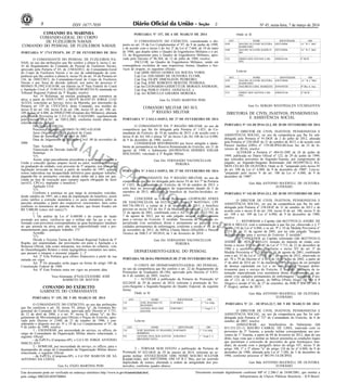 Nº 45, sexta-feira, 7 de março de 20148 ISSN 1677-7050
COMERCIALIZAÇÃO
PROIBIDA
POR TERCEIROS
Este documento pode ser verificado no endereço eletrônico http://www.in.gov.br/autenticidade.html,
pelo código 00022014030700064
Documento assinado digitalmente conforme MP no- 2.200-2 de 24/08/2001, que institui a
Infraestrutura de Chaves Públicas Brasileira - ICP-Brasil.
2
COMANDO DA MARINHA
COMANDO-GERAL DO CORPO
DE FUZILEIROS NAVAIS
COMANDO DO PESSOAL DE FUZILEIROS NAVAIS
PORTARIA Nº 171/CPESFN, DE 27 DE FEVEREIRO DE 2014
O COMANDANTE DO PESSOAL DE FUZILEIROS NA-
VAIS, no uso das atribuições que lhe confere a alínea b, inciso I, art.
3o do Regulamento do Comando do Pessoal de Fuzileiros Navais,
aprovado pela Portaria nº 65, de 21MAI2012, do Comandante-Geral
do Corpo de Fuzileiros Navais e no uso da subdelegação de com-
petência que lhe confere a alínea h, inciso IX do art. 3o da Portaria no
136, de 18SET2013, do Comandante-Geral do Corpo de Fuzileiros
Navais e por força de decisão judicial, nos autos do processo nº
0010843-76.1992.4.05.8100, em trâmite na 6ª Vara Federal do Ceará
e Apelação Cível nº 314814-CE (2003.05.00.003743-9) tramitada no
Tribunal Regional Federal da 5ª Região, resolve:
Art. 1o Reformar, na mesma graduação que ostentava na
ativa, a partir de 01OUT1997, o SD-FN 86.0187.01 JORGE LUIZ
ALVES, reincluído ao Serviço Ativo da Marinha, por intermédio da
Portaria no 129 de 17FEV2014, deste Comando, nos moldes do
inciso II do art. 104, inciso II do art. 106, inciso IV do art. 108, art.
109 da Lei no 6.880, de 09DEZ1980 (Estatuto dos Militares), alterada
pela Medida Provisória no 2.215-10, de 31AGO2001, regulamentada
pelo Decreto no 4.307, de 18JUL2002, conforme trecho abaixo da
referida decisão judicial:
DECISÃO JUDICIAL
Processo Originário: 0010843-76.1992.4.05.8100
Juízo Originário:6ª Vara Federal do Ceará
Data da Sentença: 20 de abril de 2001
Data do Julgamento da Apelação Cível: 09 de novembro de
2006
Tipo: Acordão
Transcrição da Decisão Judicial:
Sentença
"(?)
Assim, julgo parcialmente procedente a ação para condenar a
União a conceder apenas amparo social ao autor, mediante reforma,
na graduação de soldado, com provento de 3º sargento, nos termos da
legislação invocada na inicial, a partir de outubro de 1997, quando
restou induvidosa sua incapacidade definitiva para qualquer trabalho,
pagando-lhe as prestações vencidas desde então atá a data em que,
citada na fase de execução para cumprir aquela obrigação de fazer
(art.632, CPCiv), implantar o benefício."
Apelação Cívil
"(?)
Confirmo a sentença no que tange às prestações vencidas,
desde outubro de 1997, até a data da implantação do benefício, assim
como ratifico a correção monetária e os juros moratórios sobre as
parcelas atrasadas, a partir dos respectivos vencimentos, bem como
confirmo os honorários do patrono do Autor, que foram fixados em
R$ 5.000,00 (cinco mil reais).(?)
(...)
1. Da análise da Lei nº 6.880/80 e do exame do laudo
acostado aos autos, verifica-se que o militar não faz jus a ser re-
formado com proventos correspondentes ao grau hierárquico imediato
ao que possuía na ativa, pois não está impossibilitado total e per-
manentemente para qualquer trabalho. (?)"
Acordão
"(?)
Decide a Terceira Turma do Tribunal Regional Federal da 5ª
Região, por unanimidade, dar provimento em parte à Apelação e à
Remessa Oficial, tida como interposta, nos termos do relatório, voto
do Desembargador Relator e notas taquigráficas constantes nos autos,
que passam a integrar o presente julgado. (...)"
Art. 2º Esta Portaria gera efeitos financeiros a partir de sua
entrada em vigor.
Art. 3º Os atrasados serão pagos na forma do artigo 100 da
Constituição Federal de 1988.
Art. 4º Esta Portaria entra em vigor na presente data.
Vice-Almirante (FN)ALEXANDRE JOSÉ
BARRETO DE MATTOS
PORTARIA Nº 157, DE 6 DE MARÇO DE 2014
O COMANDANTE DO EXÉRCITO, considerando o dis-
posto no art. 19 da Lei Complementar nº 97, de 9 de junho de 1999,
e de acordo com o inciso I do Art 2º da Lei nº 7.660, de 10 de maio
de 1988, que dispõe sobre o Quadro de Engenheiros Militares e o art.
23, do Regulamento para o Quadro de Engenheiros Militares, apro-
vado pelo Decreto nº 96.304, de 12 de julho de 1988, resolve:
INCLUIR, no Quadro de Engenheiros Militares, sendo em
conseqüência excluídos de suas respectivas Armas, Quadros e Ser-
viços de origem, os seguintes oficiais:
Cap QMB DIEGO GOMES DA ROCHA VORIS;
Cap Cav EDUARDO DE OLIVEIRA FLUHR;
Cap Eng FILIPE DMENGEON PEDREIRO;
Cap Eng JOSÉ ROBERTO BERITHE PEDROSA;
Cap Art LEONARDO GHIDETTI DE MORAES ANDRADE;
Cap Eng PABLO FADUL GONZALEZ; e
Cap Art RÔMULLO GIRARDI MOREIRA.
Gen Ex ENZO MARTINS PERI
COMANDO MILITAR DO SUL
3ª REGIÃO MILITAR
PORTARIA Nº 2-SS3.1-SSIP/3, DE 27 DE FEVEREIRO DE 2014
O COMANDANTE DA 3ª REGIÃO MILITAR, no uso da
competência que lhe foi delegada pela Portaria nº 1.023, do Co-
mandante do Exército, de 10 de outubro de 2013, e de acordo com o
inciso II do Art 104 e alínea "d" do inciso I do Art 106 da Lei 6.880,
de 9 de dezembro de 1980, resolve:
CONSIDERAR REFORMADO por haver atingido a idade-
limite de permanência na Reserva Remunerada do Exército, em 21 de
agosto de 1990, o Subtenente (041905670-0) HERMES EDGAR
MACHADO, vinculado à 3ª Região Militar.
Gen Div FERNANDO VACONCELLOS
PEREIRA
PORTARIA No- 3-SS3.1-SSIP/3, DE 27 DE FEVEREIRO DE 2014
O COMANDANTE DA 3ª REGIÃO MILITAR, no uso da
competência que lhe foi delegada pelo inciso VI do Art 7º da Portaria
nº 1.023, do Comandante do Exército, de 10 de outubro de 2013, e
com base no processo originário do requerimento datado de 5 de
setembro de 2013, solicitando o benefício de Auxílio-Invalidez, re-
solve:
CONCEDER ao Coronel Reformado LEOPOLDO AYRES
DE VASCONCELOS, Idt 032131270-4, Prec-CP 96/0555631, CPF
044.736.390-53, a contar de 6 de novembro de 2013, o benefício
previsto no inciso XV do Art 3º da Medida Provisória nº 2.215-10, de
31 de agosto de 2001, combinado com o Art 55 da Lei nº 12.702, de
7 de agosto de 2012, por ter sido julgado incapaz definitivamente
para o serviço do Exército. É inválido. Necessita de internação es-
pecializada e/ou assistência direta e permanente ao paciente e/ou
cuidados permanentes de enfermagem, conforme a sessão nº 48, de 6
de novembro de 2013, do MPGu I/Santa Maria (HGuSM) e Parecer
Técnico da SSR/3 nº 49/2014, de 3 de fevereiro de 2014.
Gen Div FERNANDO VACONCELLOS
PEREIRA
DEPARTAMENTO-GERAL DO PESSOAL
PORTARIA NR 28-DA PROM/DGP, DE 27 DE FEVEREIRO DE 2014
O CHEFE DO DEPARTAMENTO-GERAL DO PESSOAL,
no uso da competência que lhe confere o art. 22 do Regulamento de
Promoções de Graduados (R-196), aprovado pelo Decreto nº 4.853,
de 6 de outubro de 2003, resolve:
1 - ALTERAR a publicação da Portaria de Promoção Nº
022-DGP, de 29 de janeiro de 2014, referente à promoção de Ter-
ceiro-Sargento a Segundo-Sargento do Quadro Especial, da seguinte
forma:
Onde se lê:
ANT NOME IDENTIDADE OM
134 JOSÉ ROGÉRIO FE
RNANDES
0148766033 2 ª Cia Intlg
953 AFONSO DIAS DOS
SANTOS
0186558631 1 º Esqd C L
Leia-se:
ANT NOME IDENTIDADE OM
134 JOSÉ ROGÉRIO FE RNANDES
BARBOSA
0148766033 2 ª Cia Intlg
953 AFONSO DIAS DOS SANTOS
BRANDÃO NETO
0186558631 1 º Esqd C L
2 - TORNAR SEM EFEITO a publicação da Portaria de
Promoção Nº 022-DGP, de 29 de janeiro de 2014, referente ao se-
guinte militar: ANTIGUIDADE 1040, NOME MAURO SULENIR
RAIMUNDO, IDT 0307230946, OM 14º R C Mec, por ter ocorrido
duplicidade de nomes, alterando a ordem de antiguidade dos pro-
movidos, conforme quadro abaixo:
Onde se lê:
ANT NOME IDENTIDADE OM
1039 MAURO SULENIR SILVEIRA
RAIMUNDO
0307230946 14 º R C MeC
1040 MAURO SULENIR RAIMUN-
DO
0307230946 14 º R C MeC
.... ............................... .............. .................
2122 ERBES DOS SANTOS CAR-
PES
0308243146 6º RCB
Leia-se:
ANT NOME IDENTIDADE OM
1039 MAURO SULENIR SILVEIRA
RAIMUNDO
0307230946 14 º R C MeC
1040 MAURÍCIO LIMA MARQUES 0194194338 9ª Bia A Aae
.... ................................. .............. .................
2121 ERBES DOS SANTOS CAR-
PES
0308243146 6º RCB
Gen Ex SERGIO WESTPHALEN ETCHEGOYEN
DIRETORIA DE CIVIS, INATIVOS, PENSIONISTAS
E ASSISTÊNCIA SOCIAL
PORTARIA No- 141-DCIPAS-33.2, DE 28 DE FEVEREIRO DE 2014
O DIRETOR DE CIVIS, INATIVOS, PENSIONISTAS E
ASSISTÊNCIA SOCIAL, no uso da competência que lhe foi sub-
delegada pela Portaria nº 91-DGP, de 2 de julho de 2012, alterada
pela Portaria nº 238-DGP, de 21 de outubro de 2013, e de acordo com
Parecer Jurídico (DIEx n° 139-DCIPAS.60/Asse Jur, de 25 de fe-
vereiro de 2014), resolve:
ALTERAR a Portaria n° 484-S1-DIP, de 28 de junho de
1999, publicada no Diário Oficial nº 122, de 29 de junho de 1999,
que concedeu proventos de Segundo-Tenente, por cumprimento de
julgado, ao Segundo-Sargento Reformado (Idt 043209720-2) RA-
MON CELSO DE OLIVEIRA, Onde se lê: "amparado pelo inciso IV
do art. 108 da Lei n° 6.880, de 9 de dezembro de 1980", Leia-se:
"amparado pelo inciso V do art. 108 da Lei n° 6.880, de 9 de
dezembro de 1980".
Gen Bda ANTONIO MAXWELL DE OLIVEIRA
EUFRÁSIO
PORTARIA No- 142-DCIPAS-33.1, DE 28 DE FEVEREIRO DE 2014
O DIRETOR DE CIVIS, INATIVOS, PENSIONISTAS E
ASSISTÊNCIA SOCIAL, no uso da competência que lhe foi sub-
delegada pela Portaria nº 238-DGP, de 21 de outubro de 2013 e de
acordo com o inciso II do art. 104, inciso II do art. 106, inciso V do
art. 108 e art. 109 da Lei nº 6.880, de 9 de dezembro de 1980,
resolve:
1 - REFORMAR o Capitão (Idt 062379524-2) ANDRE DE
AVILA MELLO, com a remuneração a que faz jus, observado o § 1º
do art. 110 da Lei nº 6.880, e os art. 9º e 10 da Medida Provisória n°
2.215-10, de 31 de agosto de 2001, por ter sido julgado "Incapaz
definitivamente para o serviço do Exército. É inválido".
2 - CONCEDER ao Capitão reformado (Idt 062379524-2)
ANDRE DE AVILA MELLO, isenção do imposto de renda, con-
forme o inciso XIV do art. 6º da Lei nº 7.713, de 22 de dezembro de
1988 e o auxílio-invalidez, conforme o inciso XV do art. 3º da
Medida Provisória n° 2.215-10, de 31 de agosto de 2001, combinado
com o art. 55 da Lei nº 12.702, de 7 de agosto de 2012, observado os
art. 78 e 79 do Decreto nº 4.307, de 18 de julho de 2002, a partir de
1º de abril de 2014 até 31 de março de 2019, em face de ser portador
de doença capitulada em Lei e ter sido julgado "Incapaz defini-
tivamente para o serviço do Exército. É inválido. Necessita de in-
ternação especializada e/ou assistência direta e permanente ao pa-
ciente e/ou cuidados permanentes de enfermagem.", conforme a ses-
são nº 123, de 13 de agosto, do MPGu I/Porto Alegre (H Mil A P
Alegre) e sessão nº 63, de 27 de setembro, da JISR/3ª RM (H Mil A
P Alegre), ambas de 2013.
Gen Bda ANTONIO MAXWELL DE OLIVEIRA
EUFRÁSIO
PORTARIA Nº 23 - DCIPAS.32.7, DE 5 DE MARÇO DE 2014
O DIRETOR DE CIVIS, INATIVOS, PENSIONISTAS E
ASSISTÊNCIA SOCIAL, no uso da competência que lhe foi sub-
delegada pela Portaria nº 727 do Comandante do Exército, de 8 de
outubro de 2007, resolve:
ASSEGURAR, aos beneficiários do Subtenente (Idt
015.353.321-1) MAURO CABRAL DE LIMA, inativado com os
proventos de 2º Tenente, a pensão militar correspondente aos pro-
ventos de 1º Tenente, a partir de 09 de fevereiro de 2012, data do seu
óbito, haja vista que o militar ao falecer preenchia as condições legais
que permitiam a concessão de proventos do grau hierárquico ime-
diato, de acordo com o parágrafo único do artigo 107, inciso V do
artigo 108, 1º e 2º alínea "a" do artigo 110 da lei nº 6.880, de 9 de
dezembro de 1980, alterada pela Lei nº 7.580, de 3 de dezembro de
1986, conforme processo nº 001191/14-DCIPAS.
Gen Bda ANTONIO MAXWELL DE OLIVEIRA
EUFRÁSIO
COMANDO DO EXÉRCITO
GABINETE DO COMANDANTE
PORTARIA Nº 155, DE 5 DE MARÇO DE 2014
O COMANDANTE DO EXÉRCITO, no uso das atribuições
que lhe conferem o art. 20, inciso VI, alínea "g", da Estrutura Re-
gimental do Comando do Exército, aprovada pelo Decreto no 5.751,
de 12 de abril de 2006, e o art. 9o, inciso II, alínea "a", do Re-
gulamento de Movimentação para Oficiais e Praças do Exército, apro-
vado pelo Decreto no 2.040, de 21 de outubro de 1996, e con-
siderando o disposto nos art. 4o e 19 da Lei Complementar no 97, de
9 de junho de 1999, resolve:
1 - EXONERAR, por necessidade do serviço, ex officio, do
cargo de Comandante da Organização Militar abaixo relacionada, o
seguinte Oficial:
- da EsPCEx (Campinas-SP), o Cel CAV JORGE ANTONIO
SMICELATO.
2 - NOMEAR, por necessidade do serviço, ex officio, para o
desempenho do cargo de Comandante da Organização Militar abaixo
relacionada, o seguinte Oficial:
- da EsPCEx (Campinas-SP), o Cel INF MARCOS DE SÁ
AFFONSO DA COSTA.
Gen Ex ENZO MARTINS PERI
 