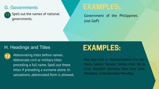 G. Governments
Spell out the names of national
governments.
Government of the Philippines
(not GoP)
11
Abbreviating titles before names.
Abbreviate civil or military titles
preceding a full name. Spell out these
titles if preceding a surname alone. In
salutations, abbreviated form is allowed.
Rep. Jose Cruz Jr.; Representative Cruz Sen.
Maria Santos; Senator Santos ASec. De la
Cruz; Assistant Secretary Dela Cruz Usec.
Mendoza; Undersecretary Mendoza
H. Headings and Titles
12
 
