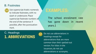 56 Use superscript Arabic numerals
to indicate footnotes, with no
slash or underscore. Place
superscript footnote numbers at
the end of the sentence if
possible, after the punctuation
mark.
B. Footnotes
The school enrollment rate
has gone down in recent
years.1
57 Do not use abbreviations in
headings except for
abbreviations that are more
common than their spelled-out
version. For titles in the
issuances, do not use
abbreviations or acronyms.
C. Headings
 