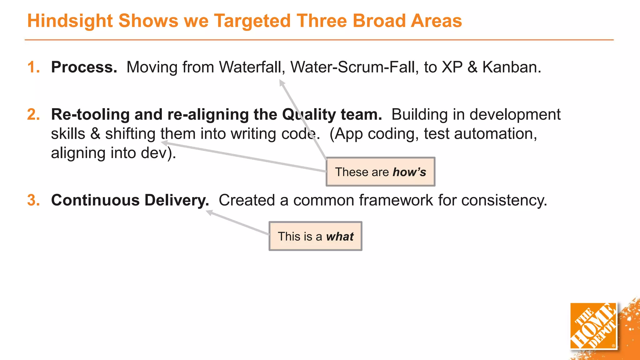 Hindsight Shows we Targeted Three Broad Areas
1. Process. Moving from Waterfall, Water-Scrum-Fall, to XP & Kanban.
2. Re-tooling and re-aligning the Quality team. Building in development
skills & shifting them into writing code. (App coding, test automation,
aligning into dev).
3. Continuous Delivery. Created a common framework for consistency.
These are how’s
This is a what
 