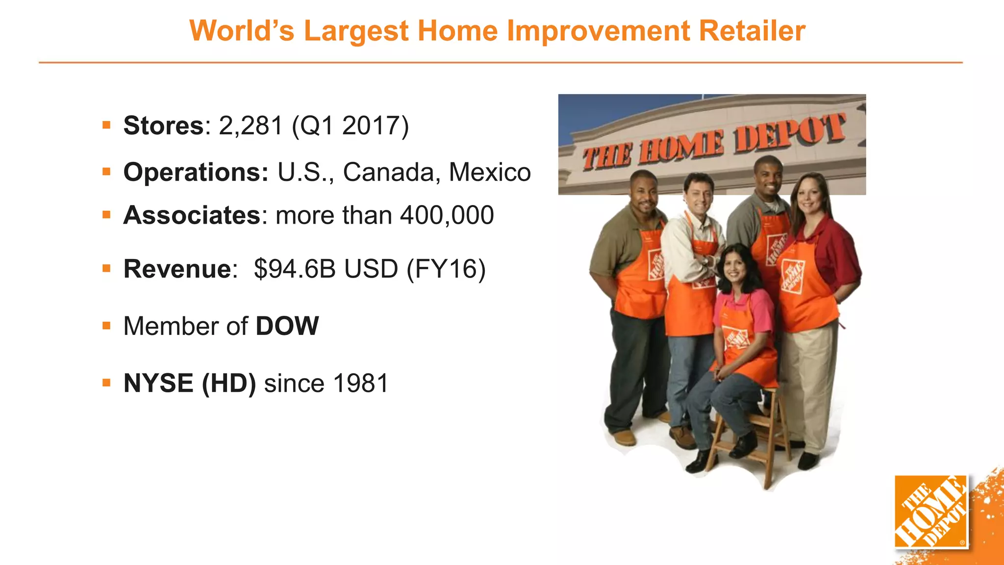World’s Largest Home Improvement Retailer
 Stores: 2,281 (Q1 2017)
 Operations: U.S., Canada, Mexico
 Associates: more than 400,000
 Revenue: $94.6B USD (FY16)
 Member of DOW
 NYSE (HD) since 1981
 