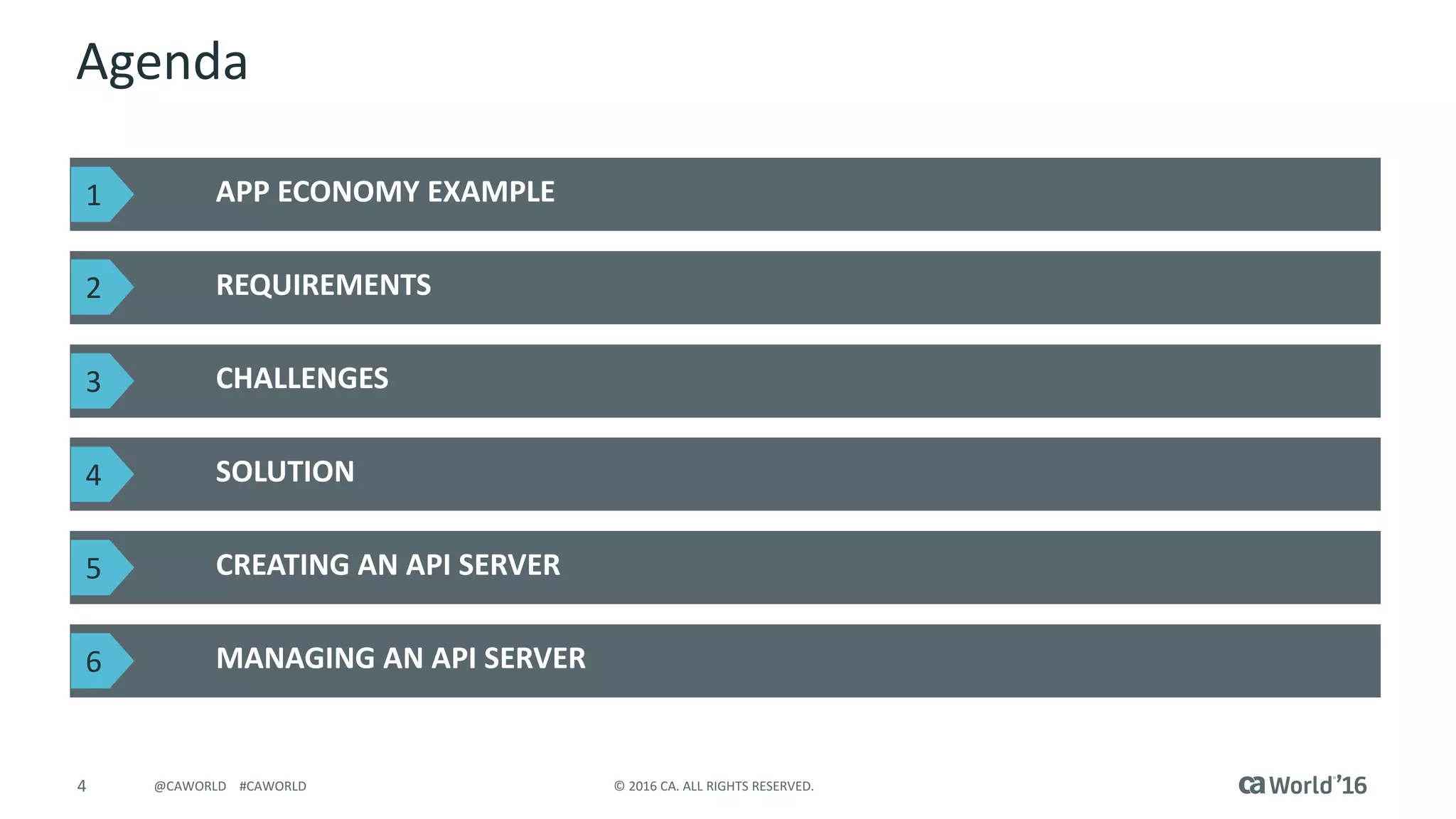 4 ©	2016	CA.	ALL	RIGHTS	RESERVED.@CAWORLD				#CAWORLD
Agenda
APP	ECONOMY	EXAMPLE
REQUIREMENTS
MANAGING	AN	API	SERVER
CHALLENGES
SOLUTION
CREATING	AN	API SERVER
1
2
3
4
5
6
 