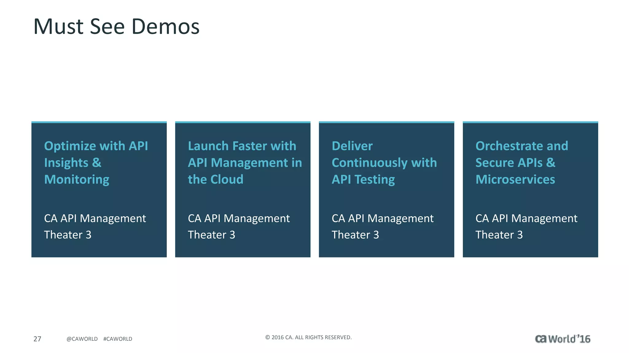 27 © 2016 CA. ALL RIGHTS RESERVED.@CAWORLD #CAWORLD
Must See Demos
Optimize with API
Insights &
Monitoring
CA API Management
Theater 3
Orchestrate and
Secure APIs &
Microservices
CA API Management
Theater 3
Launch Faster with
API Management in
the Cloud
CA API Management
Theater 3
Deliver
Continuously with
API Testing
CA API Management
Theater 3
 