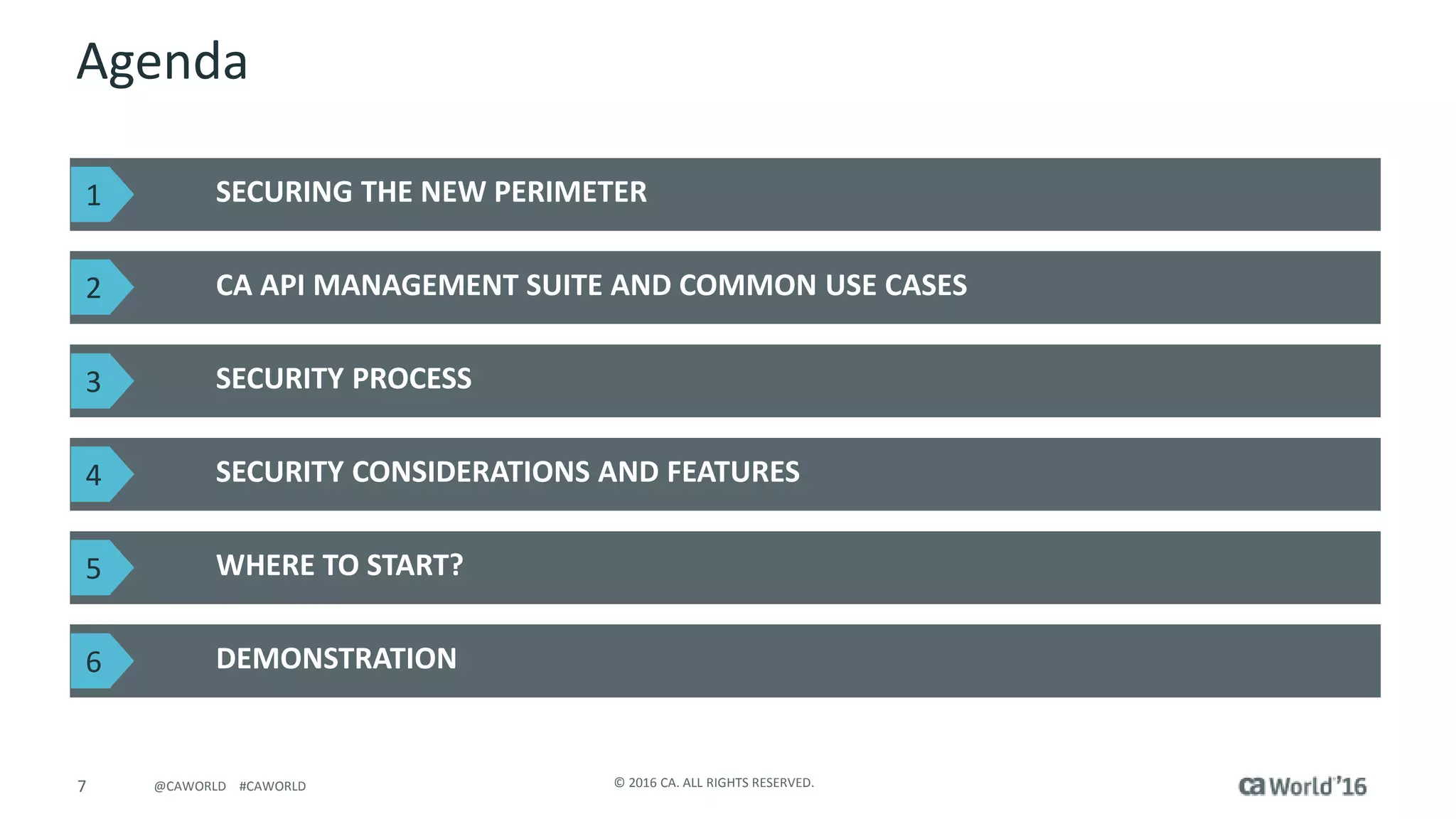 7 © 2016 CA. ALL RIGHTS RESERVED.@CAWORLD #CAWORLD
Agenda
SECURING THE NEW PERIMETER
CA API MANAGEMENT SUITE AND COMMON USE CASES
DEMONSTRATION
SECURITY PROCESS
SECURITY CONSIDERATIONS AND FEATURES
WHERE TO START?
1
2
3
4
5
6
 
