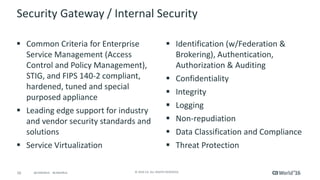 16 © 2016 CA. ALL RIGHTS RESERVED.@CAWORLD #CAWORLD
Security Gateway / Internal Security
 Common Criteria for Enterprise
Service Management (Access
Control and Policy Management),
STIG, and FIPS 140-2 compliant,
hardened, tuned and special
purposed appliance
 Leading edge support for industry
and vendor security standards and
solutions
 Service Virtualization
 Identification (w/Federation &
Brokering), Authentication,
Authorization & Auditing
 Confidentiality
 Integrity
 Logging
 Non-repudiation
 Data Classification and Compliance
 Threat Protection
 