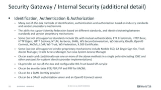 19 © 2016 CA. ALL RIGHTS RESERVED.@CAWORLD #CAWORLD
Security Gateway / Internal Security (additional detail)
 Identification, Authentication & Authorization
– Many out-of-the-box methods of identification, authentication and authorization based on industry standards
and vendor proprietary mechanisms
– The ability to support identity federation based on different standards, and identity brokering between
standards and vendor proprietary mechanisms
– Some (but not all) supported standards include SSL with mutual authentication, FTP Credentials, HTTP Basic,
HTTP Digest, HTTP Cookies, NTLM, Kerberos, SAML, WS-SecureConversation, WS-Security, OAuth, OpenID
Connect, XACML, LDAP, WS-Trust, WS-Federation, X.509 Certificates
– Some (but not all) supported vendor proprietary mechanisms include Mobile SSO, CA Single Sign-On, Tivoli
Access Manager, Oracle Access Manager, Sun Java System Access Manager
– CA can easily and conditionally use one or more of the above methods in a single policy (including JDBC and
other protocols for custom identity provider implementations)
– CA provides an out-of-the-box and configurable WS-Trust based STS service
– CA can be an enterprise PEP, PDP, PIP and PRP for XACML
– CA can be a SAML identity provider
– CA can be a OAuth authorization server and an OpenID Connect server
 
