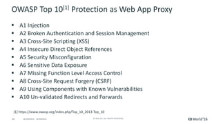 24 © 2016 CA. ALL RIGHTS RESERVED.@CAWORLD #CAWORLD
OWASP Top 10[1] Protection as Web App Proxy
 A1 Injection
 A2 Broken Authentication and Session Management
 A3 Cross-Site Scripting (XSS)
 A4 Insecure Direct Object References
 A5 Security Misconfiguration
 A6 Sensitive Data Exposure
 A7 Missing Function Level Access Control
 A8 Cross-Site Request Forgery (CSRF)
 A9 Using Components with Known Vulnerabilities
 A10 Un-validated Redirects and Forwards
[1] https://www.owasp.org/index.php/Top_10_2013-Top_10
 