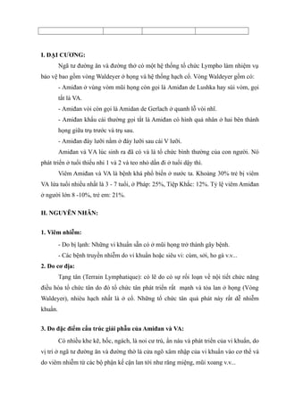 I. ĐẠI CƯƠNG:
Ngã tư đường ăn và đường thở có một hệ thống tổ chức Lympho làm nhiệm vụ
bảo vệ bao gồm vòng Waldeyer ở họng và hệ thống hạch cổ. Vòng Waldeyer gồm có:
- Amiđan ở vùng vòm mũi họng còn gọi là Amiđan de Lushka hay sùi vòm, gọi
tắt là VA.
- Amiđan vòi còn gọi là Amidan de Gerlach ở quanh lỗ vòi nhĩ.
- Amiđan khẩu cái thường gọi tắt là Amiđan có hình quả nhân ở hai bên thành
họng giữa trụ trước và trụ sau.
- Amiđan đáy lưỡi nằm ở đáy lưỡi sau cái V lưỡi.
Amiđan và VA lúc sinh ra đã có và là tổ chức bình thường của con người. Nó
phát triển ở tuổi thiếu nhi 1 và 2 và teo nhỏ dần đi ở tuổi dậy thì.
Viêm Amiđan và VA là bệnh khá phổ biến ở nước ta. Khoảng 30% trẻ bị viêm
VA lứa tuổi nhiều nhất là 3 - 7 tuổi, ở Pháp: 25%, Tiệp Khắc: 12%. Tỷ lệ viêm Amiđan
ở người lớn 8 -10%, trẻ em: 21%.
II. NGUYÊN NHÂN:
1. Viêm nhiễm:
- Do bị lạnh: Những vi khuẩn sẵn có ở mũi họng trở thành gây bệnh.
- Các bệnh truyền nhiễm do vi khuẩn hoặc siêu vi: cúm, sởi, ho gà v.v...
2. Do cơ địa:
Tạng tân (Terrain Lymphatique): có lẽ do có sự rối loạn về nội tiết chửc năng
điều hòa tổ chức tân do đó tổ chức tân phát triển rất mạnh và tỏa lan ở họng (Vòng
Waldeyer), nhièu hạch nhất là ở cổ. Những tổ chức tân quá phát này rất dễ nhiễm
khuẩn.
3. Do đặc đỉểm cấu trúc giải phẫu của Amiđan và VA:
Có nhiều khe kẽ, hốc, ngách, là noi cư trú, ẩn náu và phát triển của vi khuẩn, do
vị trí ở ngã tư đường ăn và đường thờ là cửa ngõ xâm nhập của vi khuẩn vào cơ thể và
do viêm nhiễm từ các bộ phận kế cận lan tới như răng miệng, mũi xoang v.v...
 