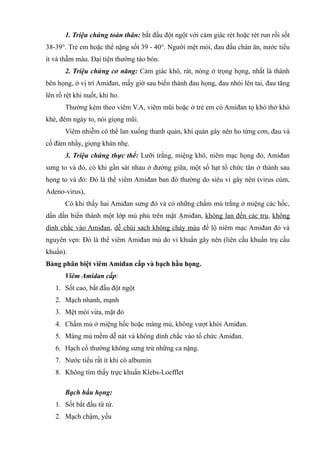 1. Triệu chứng toàn thân: bắt đầu đột ngột với cảm giác rét hoặc rét run rồi sốt
38-39°. Trẻ em hoặc thể nặng sốt 39 - 40°. Người mệt mỏi, đau đầu chán ăn, nước tiểu
ít và thẫm màu. Đại tiện thường táo bón.
2. Triệu chứng cơ năng: Cảm giác khô, rát, nóng ở trọng họng, nhất là thành
bên họng, ở vị trí Amiđan, mấy giờ sau biến thành đau họng, đau nhói lên tai, đau tăng
lên rồ rệt khi nuốt, khi ho.
Thường kèm theo viêm V.A, viêm mũi hoặc ở trẻ em có Amiđan tọ khó thở khò
khè, đêm ngáy to, nói giọng mũi.
Viêm nhiễm có thể lan xuống thanh quản, khí quản gây nên ho từng cơn, đau và
cố đàm nhầy, giọng khàn nhẹ.
3. Triệu chứng thực thể: Lưỡi trắng, miệng khô, niêm mạc họng đỏ, Amiđan
sưng to và đỏ, có khi gần sát nhau ở đường giữa, một số hạt tổ chức tân ở thành sau
họng to và đỏ: Đó là thể viêm Amiđan ban đò thường do siêu vi gây nên (virus cúm,
Adeno-virus),
Có khi thấy hai Amiđan sưng đỏ và có những chấm mủ trắng ở miệng các hốc,
dần dần biến thành một lớp mủ phủ trên mặt Ạmiđan, không lan đến các trụ, không
dính chắc vào Amiđan, dễ chùi sach không chảy máu để lộ niêm mạc Amiđan đỏ và
nguyên vẹn: Đó là thể viêm Amiđan mủ do vi khuẩn gây nên (liên cầu khuẩn trụ cầu
khuẩn).
Bảng phân biệt viêm Amiđan cấp và bạch hầu họng.
Viêm Amidan cấp:
1. Sốt cao, bắt đầu đột ngột
2. Mạch nhanh, mạnh
3. Mệt mòi vừa, mặt đỏ
4. Chấm mủ ở miệng hốc hoặc màng mủ, không vượt khỏi Amiđan.
5. Màng mủ mềm dễ nát và không dính chắc vào tổ chức Amiđan.
6. Hạch cổ thường không sưng trừ những ca nặng.
7. Nước tiểu rất ít khi có albumin
8. Không tìm thấy trực khuẩn Klebs-Loefflet
Bạch hầu họng:
1. Sốt bắt đầu từ từ.
2. Mạch chậm, yếu
 