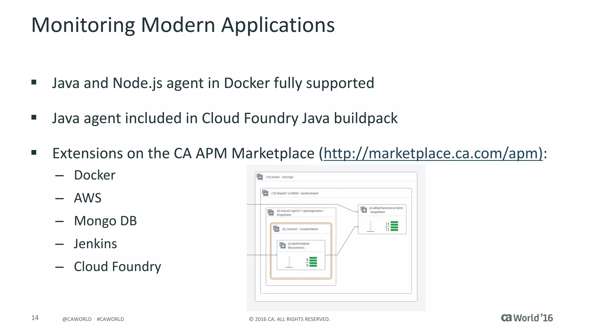 14 ©	2016	CA.	ALL	RIGHTS	RESERVED.@CAWORLD				#CAWORLD
Monitoring	Modern	Applications
§ Java	and	Node.js agent	in	Docker	fully	supported
§ Java	agent	included	in	Cloud	Foundry	Java	buildpack
§ Extensions	on	the	CA	APM	Marketplace	(http://marketplace.ca.com/apm):
– Docker
– AWS
– Mongo	DB
– Jenkins
– Cloud	Foundry
 