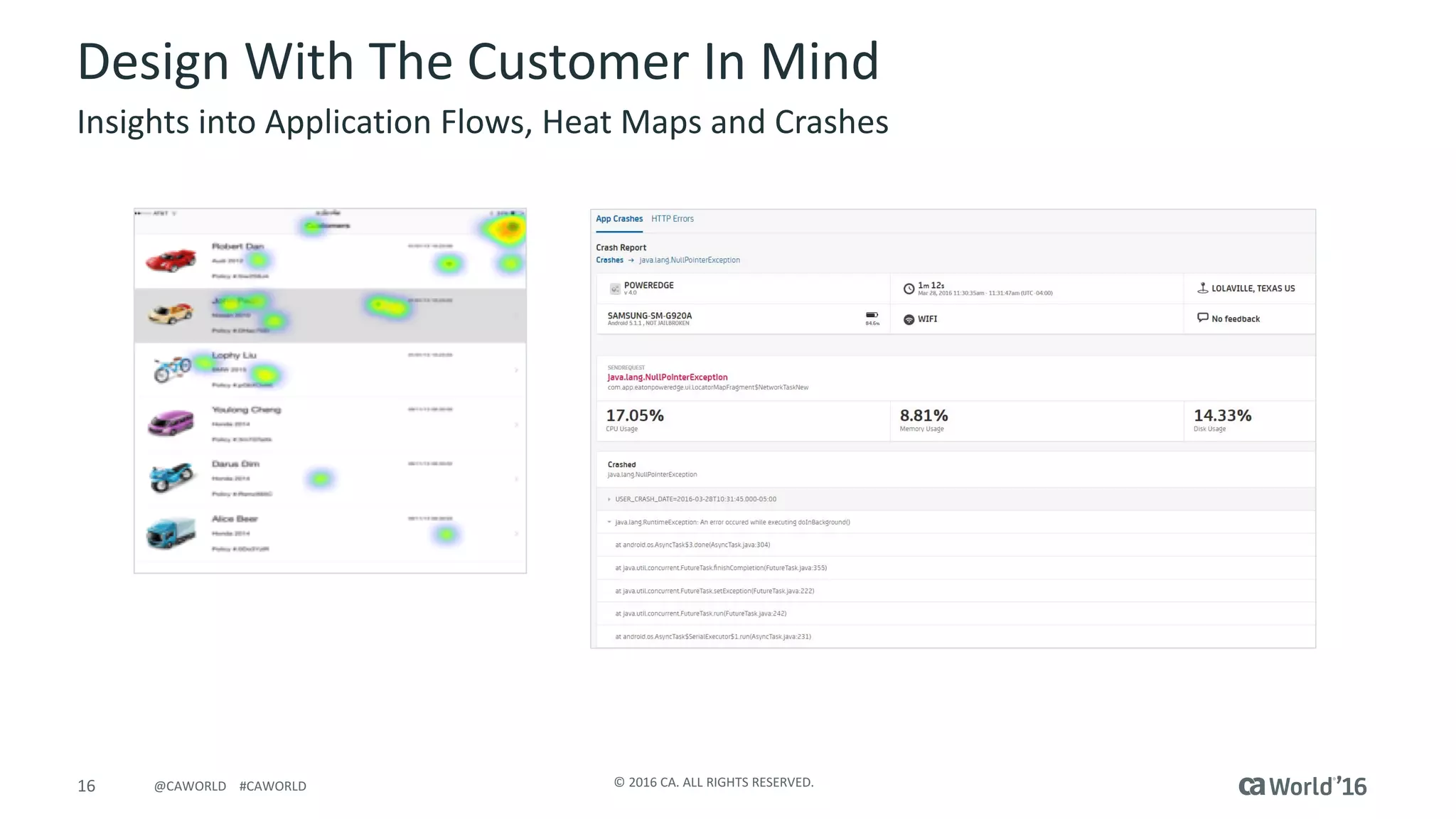 16 ©	2016	CA.	ALL	RIGHTS	RESERVED.@CAWORLD				#CAWORLD
Design	With	The	Customer	In	Mind
Insights	into	Application	Flows,	Heat	Maps	and	Crashes
 