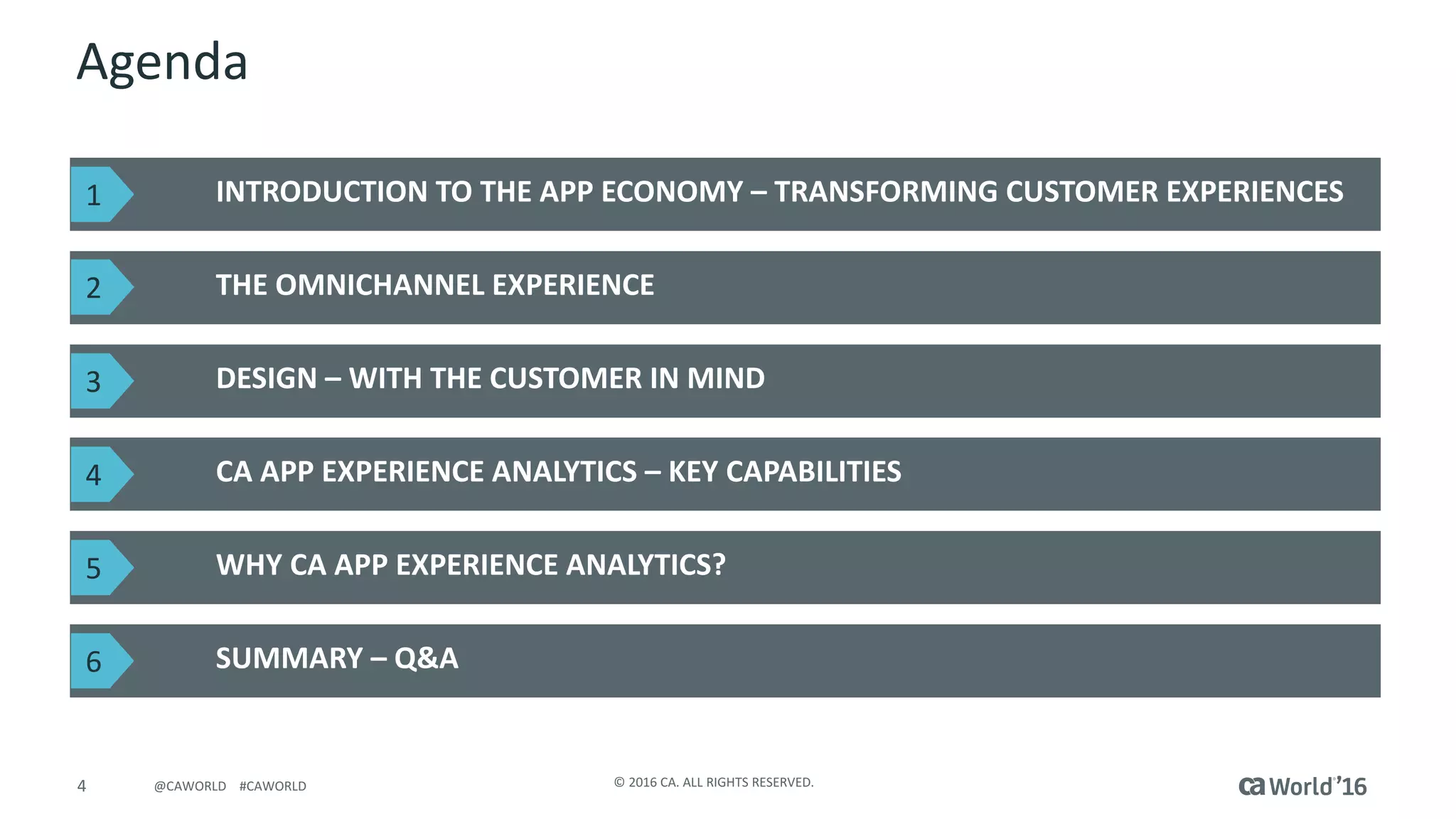 4 ©	2016	CA.	ALL	RIGHTS	RESERVED.@CAWORLD				#CAWORLD
Agenda
INTRODUCTION	TO	THE	APP	ECONOMY	– TRANSFORMING	CUSTOMER	EXPERIENCES
THE	OMNICHANNEL EXPERIENCE
SUMMARY	– Q&A
DESIGN	– WITH	THE	CUSTOMER	IN	MIND
CA	APP	EXPERIENCE	ANALYTICS	– KEY	CAPABILITIES
WHY	CA	APP	EXPERIENCE	ANALYTICS?
1
2
3
4
5
6
 