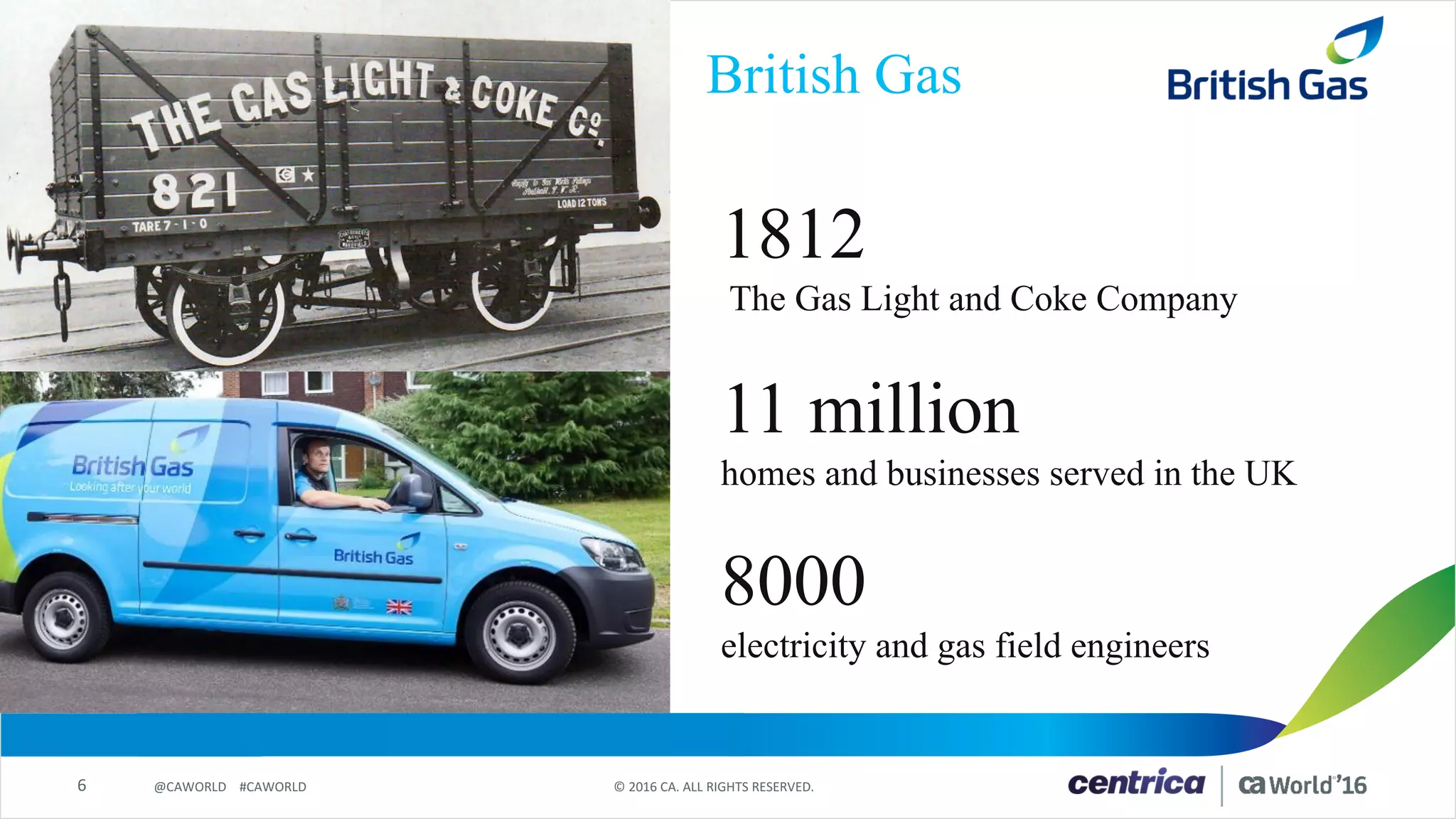 6 ©	2016	CA.	ALL	RIGHTS	RESERVED.@CAWORLD				#CAWORLD
British Gas
1812
The Gas Light and Coke Company
11 million
homes and businesses served in the UK
8000
electricity and gas field engineers
 