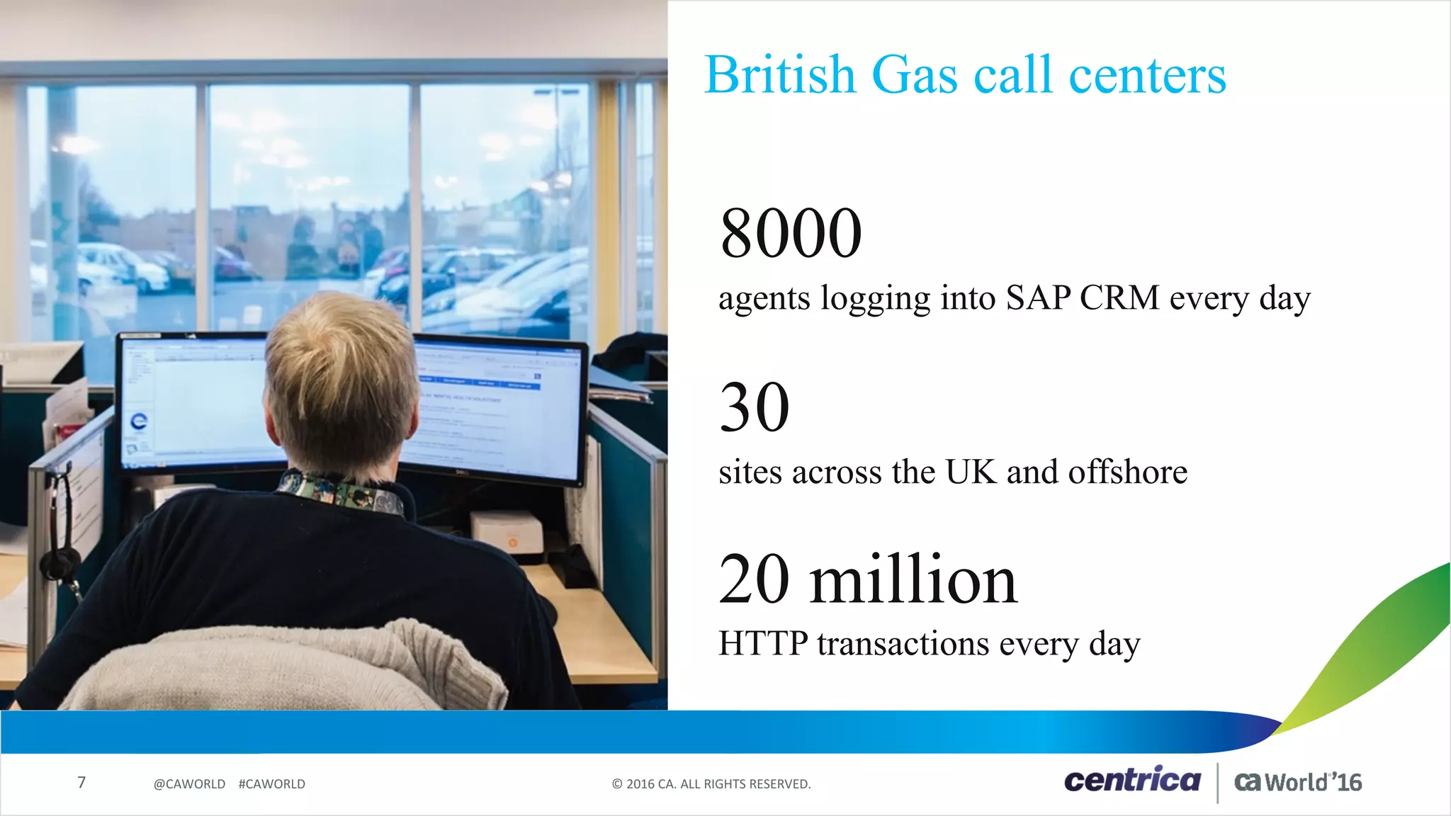 7 ©	2016	CA.	ALL	RIGHTS	RESERVED.@CAWORLD				#CAWORLD
British Gas call centers
8000
agents logging into SAP CRM every day
30
sites across the UK and offshore
20 million
HTTP transactions every day
 