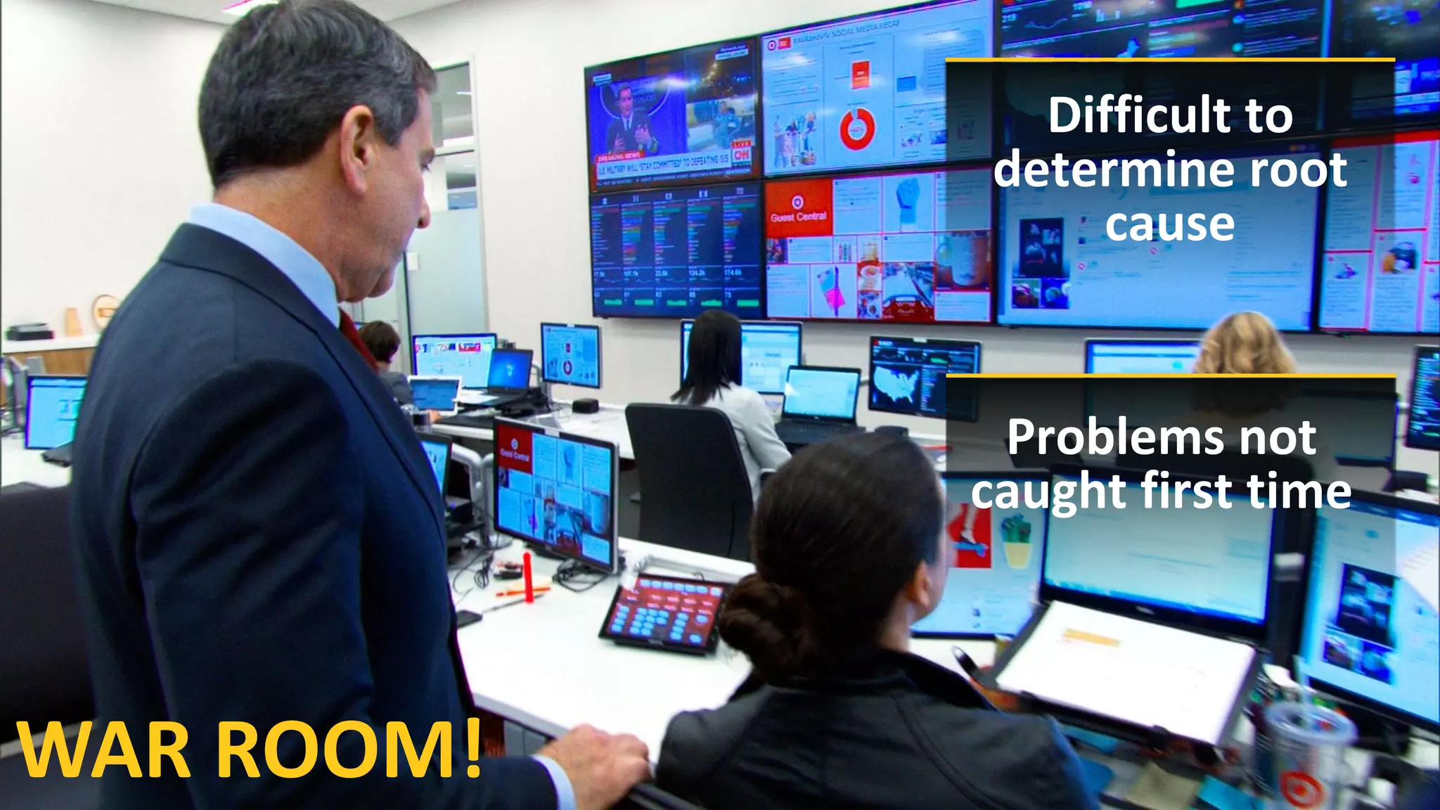 11 ©	2016	CA.	ALL	RIGHTS	RESERVED.@CAWORLD				#CAWORLD
WAR	ROOM!	
Difficult	to	
determine	root	
cause
Problems	not	
caught	first	time
 