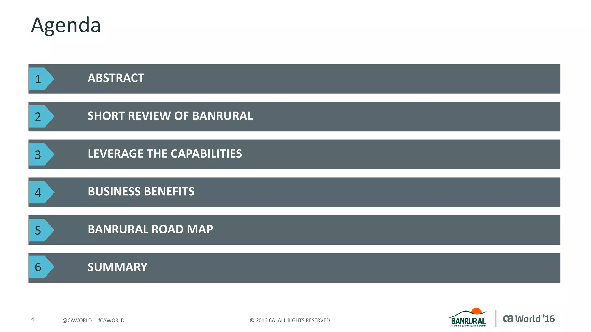 4 ©	2016	CA.	ALL	RIGHTS	RESERVED.@CAWORLD				#CAWORLD
Agenda
ABSTRACT
SHORT	REVIEW	OF	BANRURAL
SUMMARY
LEVERAGE	THE	CAPABILITIES	
BUSINESS	BENEFITS
BANRURAL	ROAD	MAP
1
2
3
4
5
6
 