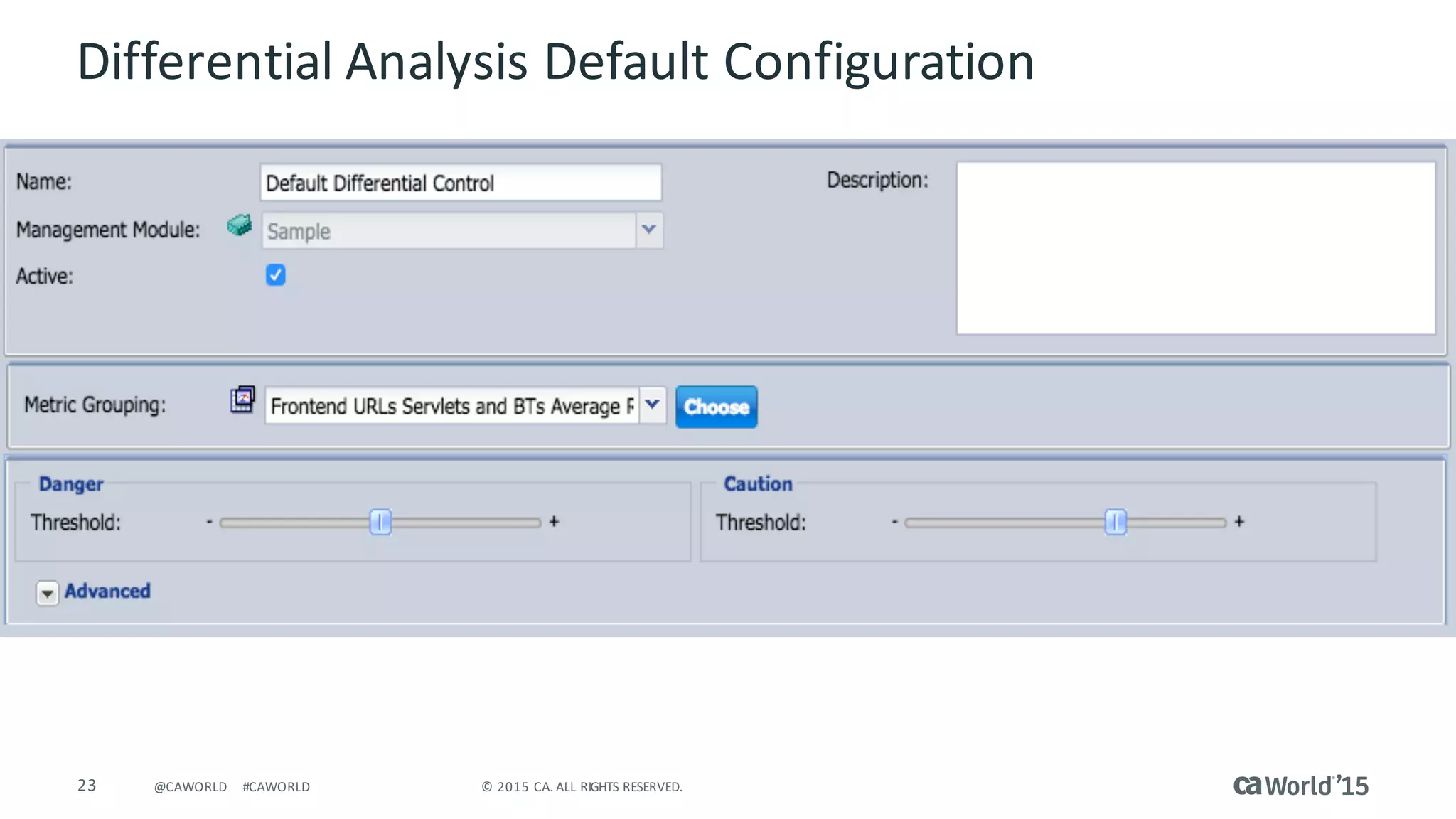 23 ©	2015	CA.	ALL	RIGHTS	RESERVED.@CAWORLD #CAWORLD
Differential	Analysis	Default	Configuration
 