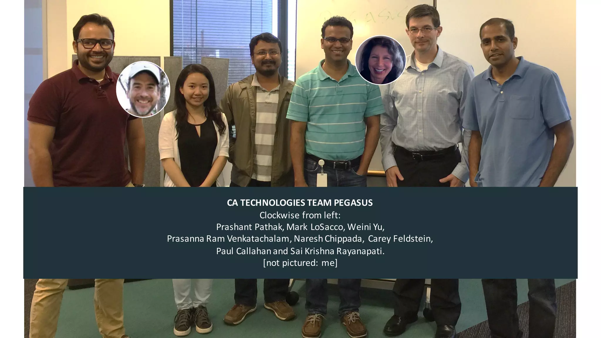 25 ©	2015	CA.	ALL	RIGHTS	RESERVED.@CAWORLD #CAWORLD
CA	TECHNOLOGIES	TEAM	PEGASUS
Clockwise	from	left:
Prashant	Pathak,	Mark	LoSacco,	Weini	Yu,	
Prasanna	Ram	Venkatachalam,	Naresh	Chippada,	Carey	Feldstein,
Paul	Callahan	and	Sai Krishna	Rayanapati.
[not	pictured:	me]
 