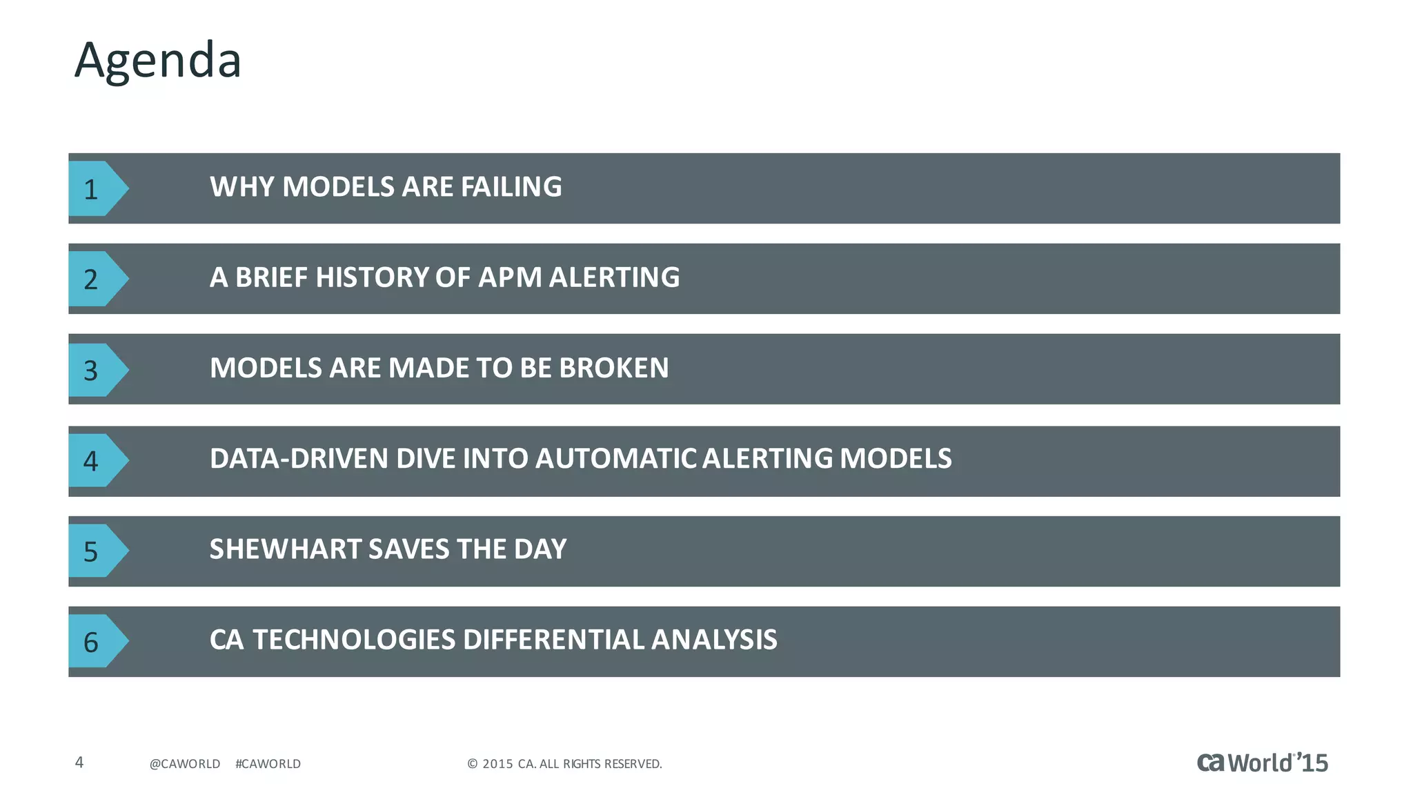 4 ©	2015	CA.	ALL	RIGHTS	RESERVED.@CAWORLD #CAWORLD
Agenda
WHY	MODELS	ARE	FAILING
A	BRIEF	HISTORY	OF	APM	ALERTING
CA	TECHNOLOGIES	DIFFERENTIAL	ANALYSIS
MODELS	ARE	MADE	TO	BE	BROKEN
DATA-DRIVEN	DIVE	INTO	AUTOMATIC	ALERTING	MODELS
SHEWHART	SAVES	THE	DAY
1
2
3
4
5
6
 