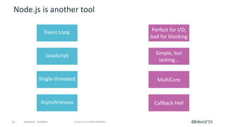 21 © 2015 CA. ALL RIGHTS RESERVED.@CAWORLD #CAWORLD
Node.js is another tool
Event Loop
JavaScript Simple, but
lacking…
Perfect for I/O,
bad for blocking
Single-threaded MultiCore
Asynchronous Callback Hell
 