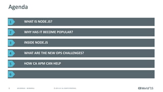 4 © 2015 CA. ALL RIGHTS RESERVED.@CAWORLD #CAWORLD
Agenda
WHAT IS NODE.JS?
WHY HAS IT BECOME POPULAR?
INSIDE NODE.JS
WHAT ARE THE NEW OPS CHALLENGES?
HOW CA APM CAN HELP
1
2
3
4
5
6
 