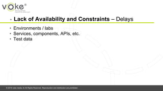 © 2016 voke media, llc All Rights Reserved. Reproduction and distribution are prohibited.
◉ Lack of Availability and Constraints – Delays
• Environments / labs
• Services, components, APIs, etc.
• Test data
 