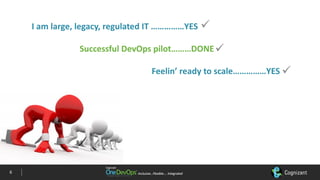 Inclusive…Flexible….	IntegratedInclusive…Flexible….	Integrated
I	am	large,	legacy,	regulated	IT	……………YES
Successful	DevOps	pilot………DONE
Feelin’	ready	to	scale……………YES
ü
ü
ü
6
 