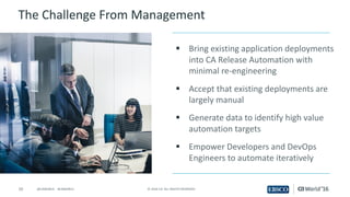 10 ©	2016	CA.	ALL	RIGHTS	RESERVED.@CAWORLD				#CAWORLD
The	Challenge	From	Management
§ Bring	existing	application	deployments	
into	CA	Release	Automation	with	
minimal	re-engineering
§ Accept	that	existing	deployments	are	
largely	manual
§ Generate	data	to	identify	high	value	
automation	targets
§ Empower	Developers	and	DevOps	
Engineers	to	automate	iteratively
 