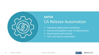 8 ©	2016	CA.	ALL	RIGHTS	RESERVED.@CAWORLD				#CAWORLD
ENTER
CA	Release	Automation
§ Standard	deployment	workflows
§ End-to-end	pipeline	view	of	deployments
§ Governance	and	controls
§ Full,	zero-touch	automation
 