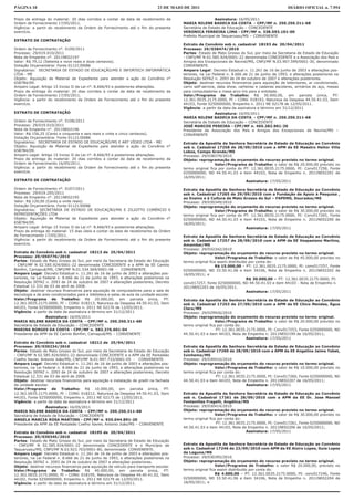 PÁGINA 10                                                                        23 DE MAIO DE 2011                                                 DIÁRIO OFICIAL n. 7.954

Prazo de entrega do material: 20 dias corridos a contar da data de recebimento da                            Assinatura: 16/05/2011
Ordem de Fornecimento 17/05/2011.                                                          MARIA NILENE BADECA DA COSTA - CPF/MF n. 250.250.311-68
Vigência: a partir do recebimento da Ordem de Fornecimento até o ﬁm do presente            Secretária de Estado de Educação – CONCEDENTE
exercício.                                                                                 VERONICA FERREIRA LIMA - CPF/MF n. 338.593.101-00
                                                                                           Prefeito Municipal de Taquarussu/MS – CONVENENTE
EXTRATO DE CONTRATAÇÃO
                                                                                           Extrato de Convênio sob n. cadastral 18193 de 20/04/2011
Ordem de Fornecimento n°. 0109/2011                                                        Processo: 29/038474/2010
Processo: 29/019.010/2011                                                                  Partes: Estado de Mato Grosso do Sul, por meio da Secretaria de Estado de Educação
Nota de Empenho n°. 2011NE02197                                                            - CNPJ/MF N 02.585.924/0001-22 denominada CONCEDENTE e a Associação dos Pais e
Valor: R$ 79,12 (Setenta e nove reais e doze centavos).                                    Amigos dos Excepcionais de Naviraí/MS, CNPJ/MF N.03.907.599/0001-30, denominado
Dotação Orçamentária: Fonte 0112130086                                                     CONVENENTE.
Signatários: SECRETARIA DE ESTADO DE EDUCAÇÃO/MS E INFORTECH INFORMÁTICA                   Amparo Legal: Decreto Estadual n. 11.261 de 16 de junho de 2003 e alterações pos-
LTDA - ME                                                                                  teriores, na Lei Federal n. 8.666 de 21 de junho de 1993, e alterações posteriores na
Objeto: Aquisição de Material de Expediente para atender a ação do Convênio n°             Resolução SEFAZ n. 2093 de 24 de outubro de 2007 e alterações posteriores.
658784/09.                                                                                 Objeto: destinar recursos financeiros para aquisição de televisores, ar condicionado,
Amparo Legal: Artigo 15 Inciso II da Lei n°. 8.666/93 e posteriores alterações.            carro self-service, data show, carteiras e cadeiras escolares, armários de aço, mesas
Prazo de entrega do material: 20 dias corridos a contar da data de recebimento da          para computadores e mesa arco-íris para a entidade.
Ordem de Fornecimento 17/05/2011.                                                          Valor/Programa de Trabalho: R$ 30.000,00, em parcela única, PT:
Vigência: a partir do recebimento da Ordem de Fornecimento até o ﬁm do presente            12.361.0035.2175.0000, PI – CONV. 018193, Natureza da Despesa 44.50.41.03, Item
exercício.                                                                                 44103, Fonte 0250000000, Empenho n. 2011 NE 02178 de 12/05/2011.
                                                                                           Vigência: a partir da data da assinatura e término em 31/12/2011
EXTRATO DE CONTRATAÇÃO                                                                                      Assinatura: 16/05/2011
                                                                                           MARIA NILENE BADECA DA COSTA - CPF/MF n. 250.250.311-68
Ordem de Fornecimento n°. 0108/2011                                                        Secretária de Estado de Educação – CONCEDENTE
Processo: 29/019.010/2011                                                                  JOSÉ MARCOS PEREIRA - CPF/MF n. 465.282.961-20
Nota de Empenho n°. 2011NE02196                                                            Presidente da Associação dos Pais e Amigos dos Excepcionais de Naviraí/MS –
Valor: R$ 156,25 (Cento e cinquenta e seis reais e vinte e cinco centavos).                CONVENENTE
Dotação Orçamentária: Fonte 0112130086
Signatários: SECRETARIA DE ESTADO DE EDUCAÇÃO/MS E ART VÍDEO LTDA - ME                     Extrato da Apostila da Senhora Secretária de Estado de Educação ao Convênio
Objeto: Aquisição de Material de Expediente para atender a ação do Convênio n°             sob n. Cadastral 17258 de 28/09/2010 com a APM da EE Maestro Heitor Villa
658784/09.                                                                                 Lobos, Campo Grande/MS
Amparo Legal: Artigo 15 Inciso II da Lei n°. 8.666/93 e posteriores alterações.            Processo: 29/038379/2010
Prazo de entrega do material: 20 dias corridos a contar da data de recebimento da          Objeto: reprogramação do orçamento do recurso previsto no termo original.
Ordem de Fornecimento 16/05/2011.                                                                            Valor/Programa de Trabalho: o valor de R$ 20.000,00 previsto no
Vigência: a partir do recebimento da Ordem de Fornecimento até o ﬁm do presente            termo original fica por conta do PT: 12.361.0035.2175.0000, PI: Conv017258, Fonte
exercício.                                                                                 0250000000, ND 44.50.41.03 e item 44103, Nota de Empenho n. 2011NE02201 de
                                                                                           16/05/2011;
EXTRATO DE CONTRATAÇÃO                                                                                                       Assinatura: 17/05/2011

Ordem de Fornecimento n°. 0107/2011                                                        Extrato da Apostila da Senhora Secretária de Estado de Educação ao Convênio
Processo: 29/019.205/2011                                                                  sob n. Cadastral 17265 de 29/09/2010 com a Fundação de Apoio à Pesquisa ,
Nota de Empenho n°. 2011NE02195                                                            ao Ensino e à Cultura de Mato Grosso do Sul – FAPEMS, Dourados/MS
Valor: R$ 120,00 (Cento e vinte reais)                                                     Processo: 29/030349/2010
Dotação Orçamentária: Fonte 0112130086                                                     Objeto: reprogramação do orçamento do recurso previsto no termo original.
Signatários: SECRETARIA DE ESTADO DE EDUCAÇÃO/MS E ZILIOTTO COMÉRCIO E                                       Valor/Programa de Trabalho: o valor de R$ 30.000,00 previsto no
REPRESENTAÇÕES LTDA                                                                        termo original fica por conta do PT: 12.361.0035.2175.0000, PI: Conv017265, Fonte
Objeto: Aquisição de Material de Expediente para atender a ação do Convênio n°             0250000000, ND 44.50.41.03 e item 44103, Nota de Empenho n. 2011NE02200 de
658784/09.                                                                                 16/05/2011;
Amparo Legal: Artigo 15 Inciso II da Lei n°. 8.666/93 e posteriores alterações.                                              Assinatura: 17/05/2011
Prazo de entrega do material: 15 dias úteis a contar da data de recebimento da Ordem
de Fornecimento 17/05/2011.                                                                Extrato da Apostila da Senhora Secretária de Estado de Educação ao Convênio
Vigência: a partir do recebimento da Ordem de Fornecimento até o ﬁm do presente            sob n. Cadastral 17257 de 28/09/2010 com a APM da EE Vespasiano Martins,
exercício.                                                                                 Amambai/MS
                                                                                           Processo: 29/032342/2010
Extrato de Convênio sob n. cadastral 18213 de 25/04/2011                                   Objeto: reprogramação do orçamento do recurso previsto no termo original.
Processo: 29/050776/2010                                                                                      Valor/Programa de Trabalho: o valor de R$ 45.000,00 previsto no
Partes: Estado de Mato Grosso do Sul, por meio da Secretaria de Estado de Educação         termo original fica assim distribuído por conta do:
- CNPJ/MF N 02.585.924/0001-22 denominada CONCEDENTE e a APM da EE Camilo                                     R$ 15.000,00 – PT: 12.361.0035.2175.0000, PI: conv017257, Fonte
Bonfim, Camapuã/MS, CNPJ/MF N.01.534.569/0001-08 - CONVENENTE.                             0250000000, ND 33.50.41.06 e item 34106, Nota de Empenho n. 2011NE02202 de
Amparo Legal: Decreto Estadual n. 11.261 de 16 de junho de 2003 e alterações pos-          16/05/2011; e
teriores, na Lei Federal n. 8.666 de 21 de junho de 1993, e alterações posteriores na                                          R$ 30.000,00 – PT: 12.361.0035.2175.0000, PI:
Resolução SEFAZ n. 2093 de 24 de outubro de 2007 e alterações posteriores, Decreto         conv017257, fonte 0250000000, ND 44.50.41.03 e item 44103 - Nota de Empenho n.
Estadual 12.531 de 03 de abril de 2008.                                                    2011NE02203 de 16/05/2011.
Objeto: destinar recursos financeiros para aquisição de computadores para a sala de                                            Assinatura: 17/05/2011
tecnologia e de ares-condicionados para a biblioteca e salas de aula da unidade escolar.
Valor/Programa de Trabalho: R$ 20.000,00, em parcela única, PT:                            Extrato da Apostila da Senhora Secretária de Estado de Educação ao Convênio
12.361.0035.2175.0000, PI – CONV. 018213, Natureza da Despesa 44.50.41.03, Item            sob n. Cadastral 17253 de 27/09/2010 com a APM da EE Chico Mendes, Água
44103, Fonte 0250000000, Empenho n. 2011 NE 02176 de 12/05/2011.                           Clara/MS
Vigência: a partir da data da assinatura e término em 31/12/2011                           Processo: 29/029926/2010
                 Assinatura: 16/05/2011                                                    Objeto: reprogramação do orçamento do recurso previsto no termo original.
MARIA NILENE BADECA DA COSTA - CPF/MF n. 250.250.311-68                                                       Valor/Programa de Trabalho: o valor de R$ 20.000,00 previsto no
Secretária de Estado de Educação – CONCEDENTE                                              termo original fica por conta do:
MARINA BORGES DA COSTA - CPF/MF n. 583.376.601-04                                                             PT: 12.361.0035.2175.0000, PI: Conv017253, Fonte 0250000000, ND
Presidente da APM da EE Camilo Bonfim, Camapuã/MS – CONVENENTE                             44.50.41.03 e item 44103, Nota de Empenho n. 2011NE02199 de 16/05/2011;
                                                                                                                              Assinatura: 17/05/2011
Extrato de Convênio sob n. cadastral 18212 de 25/04/2011
Processo: 29/030234/2010                                                                   Extrato da Apostila da Senhora Secretária de Estado de Educação ao Convênio
Partes: Estado de Mato Grosso do Sul, por meio da Secretaria de Estado de Educação         sob n. Cadastral 17260 de 28/09/2010 com a APM da EE Angelina Jaime Tebet,
- CNPJ/MF N 02.585.924/0001-22 denominada CONCEDENTE e a APM da EE Pantaleão               Ivinhema/MS
Coelho Xavier, Antonio João/MS, CNPJ/MF N.01.997.733/0001-05 - CONVENENTE.                 Processo: 29/030410/2010
Amparo Legal: Decreto Estadual n. 11.261 de 16 de junho de 2003 e alterações pos-          Objeto: reprogramação do orçamento do recurso previsto no termo original.
teriores, na Lei Federal n. 8.666 de 21 de junho de 1993, e alterações posteriores na                         Valor/Programa de Trabalho: o valor de R$ 10.000,00 previsto no
Resolução SEFAZ n. 2093 de 24 de outubro de 2007 e alterações posteriores, Decreto         termo original fica por conta do:
Estadual 12.531 de 03 de abril de 2008.                                                                       PT: 12.361.0035.2175.0000, PI: Conv017260, Fonte 0250000000, ND
Objeto: destinar recursos financeiros para aquisição e instalação de gradil na fachada     44.50.41.03 e item 44103, Nota de Empenho n. 2011NE02207 de 16/05/2011;
da unidade escolar.                                                                                                           Assinatura: 17/05/2011
Valor/Programa de Trabalho: R$ 10.000,00, em parcela única, PT:
12.361.0035.2175.0000, PI – CONV. 018212, Natureza da Despesa 44.50.41.03, Item            Extrato da Apostila da Senhora Secretária de Estado de Educação ao Convênio
44103, Fonte 0250000000, Empenho n. 2011 NE 02175 de 12/05/2011.                           sob n. Cadastral 17261 de 28/09/2010 com a APM da EE Dr. Jose Manoel
Vigência: a partir da data da assinatura e término em 31/12/2011                           Fontanillas Fragelli, Angélica/MS
                 Assinatura: 16/05/2011                                                    Processo: 29/030414/2010
MARIA NILENE BADECA DA COSTA - CPF/MF n. 250.250.311-68                                    Objeto: reprogramação do orçamento do recurso previsto no termo original.
Secretária de Estado de Educação – CONCEDENTE                                                                 Valor/Programa de Trabalho: o valor de R$ 30.000,00 previsto no
ANGELA MARCIA ROSA MARTINS - CPF/MF n. 935.044.891-20                                      termo original fica por conta do:
Presidente da APM da EE Pantaleão Coelho Xavier, Antonio João/MS – CONVENENTE                                 PT: 12.361.0035.2175.0000, PI: Conv017261, Fonte 0250000000, ND
                                                                                           44.50.41.03 e item 44103, Nota de Empenho n. 2011NE02206 de 16/05/2011;
Extrato de Convênio sob n. cadastral 18195 de 20/04/2011                                                                      Assinatura: 17/05/2011
Processo: 29/030345/2010
Partes: Estado de Mato Grosso do Sul, por meio da Secretaria de Estado de Educação
- CNPJ/MF N 02.585.924/0001-22 denominada CONCEDENTE e o Município de                      Extrato da Apostila da Senhora Secretária de Estado de Educação ao Convênio
Taquarussu/MS, CNPJ/MF N.03.923.703/0001-80, denominada CONVENENTE.                        sob n. Cadastral 17246 de 23/09/2010 com APM da EE Alziro Lopes, Guia Lopes
Amparo Legal: Decreto Estadual n. 11.261 de 16 de junho de 2003 e alterações pos-          da Laguna/MS
teriores, na Lei Federal n. 8.666 de 21 de junho de 1993, e alterações posteriores na      Processo: 29/030395/2010
Resolução SEFAZ n. 2093 de 24 de outubro de 2007 e alterações posteriores.                 Objeto: reprogramação do orçamento do recurso previsto no termo original.
Objeto: destinar recursos financeiros para aquisição de veículo para transporte escolar.                      Valor/Programa de Trabalho: o valor R$ 20.000,00, previsto no
Valor/Programa de Trabalho: R$ 40.000,00, em parcela única, PT:                            termo original fica assim distribuído por conta do:
12.361.0035.2175.0000, PI – CONV. 018195, Natureza da Despesa 44.40.41.02, Item                               R$ 4.000,00 – PT: 12.361.0035.2175.0000, PI: conv017246, Fonte
44102, Fonte 0250000000, Empenho n. 2011 NE 02179 de 12/05/2011.                           0250000000, ND 33.50.41.06 e item 34106, Nota de Empenho n. 2011NE02204 de
Vigência: a partir da data da assinatura e término em 31/12/2011.                          16/05/2011; e
 