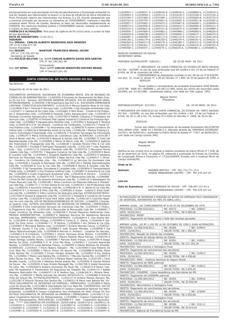 PÁGINA 19                                                                         23 DE MAIO DE 2011                                                     DIÁRIO OFICIAL n. 7.954

exclusivamente em suas atividades normais de patrulhamento e fiscalização ambiental no       11/026952-7,   11/028431-3, 11/028434-8, 11/028436-4, 11/028869-6, 11/029019-4,
que diz respeito aos relacionados no Anexo I e na área de influência da Usina Hidrelétrica   11/029093-3,   11/029094-1, 11/029112-3, 11/032639-3, 11/033328-4, 11/033329-2,
Porto Primavera relativo aos relacionados nos Anexos II e III, ficando estabelecido que      11/033349-7,   11/033384-5, 11/033386-1, 11/035332-3, 11/035660-8, 11/035732-9,
a eventual utilização por terceiros ou estranhos ao CESSIONÁRIO, implicará a rescisão        11/035743-4,   11/035795-7, 11/035941-0, 11/035945-3, 11/035951-8, 11/035952-6,
unilateral deste Termo de Cessão, devendo os bens ser devolvidos imediatamente ao            11/035957-7,   11/035962-3, 11/035975-5, 11/035987-9, 11/036000-1, 11/036004-4,
CEDENTE. Em nenhuma hipótese poderá o CESSIONÁRIO alienar, sublocar ou transferir            11/040013-5,   11/042056-0, 11/044215-6, 11/044433-7, 11/044946-0, 11/045213-5,
a outrem os bens cedidos.                                                                    11/045214-3,   11/045641-6, 11/045721-8, 11/045875-3, 11/045883-4, 11/045884-2,
VIGÊNCIA E ALTERAÇÕES: Terá prazo de vigência de 05 (cinco) anos, a contar da data           11/045954-7,   11/045969-5, 11/045982-2, 11/045988-1, 11/046000-6, 11/046026-0,
de sua assinatura.                                                                           11/046029-4,   11/046038-3, 11/046052-9, 11/046064-2, 11/046073-1, 11/046074-0,
DATA DE ASSINATURA: 13.04.2011.                                                              11/046087-1,   11/046098-7, 11/046113-4, 11/046115-0, 11/046121-5, 11/046139-8,
ASSINAM:                                                                                     11/046140-1,   11/046174-6, 11/046230-0, 11/046239-4, 11/046241-6, 11/046251-3,
Pelo IMASUL: CARLOS ALBERTO NEGREIROS SAID MENEZES                                           11/046264-5,   11/046271-8, 11/046279-3, 11/046280-7, 11/046311-0, 11/046335-8,
CPF nº 413.650.977-49                                                                        11/046357-9,   11/046361-7, 11/046365-0, 11/046366-8, 11/046410-9, 11/046435-4,
Diretor Presidente                                                                           11/046508-3,   11/046557-1, 11/046579-2, 11/046630-6, 11/046686-1, 11/046689-6,
Pela SEJUSP:               WANTUIR FRANCISCO BRASIL JACINI
 CPF nº 179.756.207-00                                                                       NIVALDO DOMINGOS DA ROCHA
 Secretário de Estado                                                                        SECRETARIO GERAL
Pela POLÍCIA MILITAR: Cel. QOPM CARLOS ALBERTO DAVID DOS SANTOS
                            CPF nº 367.185.561-49                                            PORTARIA JUCEMS/GP/Nº 028/2011                   DE 20 DE MAIO DE 2011
                           Comandante
Pelo 15º BPMA:             Major QOPM CARLOS SEBASTIÃO MATOSO BRAGA                                            O PRESIDENTE DA JUNTA COMERCIAL DO ESTADO DE MATO GROSSO
                                                                                             DO SUL - JUCEMS, no uso de suas atribuições que lhe confere o Art. 23 da Lei Federal nº
                           CPF nº 444.877.541-00                                             8.934, de 18 de novembro de 1994, e
                                                                                                               CONSIDERANDO as disposições contidas no art. 60 da Lei nº 8.934/94;
                                                                                             nos arts. 32, inciso II, alínea “h” e 48 do Decreto nº 1.800, de 30 de janeiro de 1996; e
               JUNTA COMERCIAL DE MATO GROSSO DO SUL
                                                                                                                 RESOLVE:
Ata Número:       3499
                                                                                                              Tornar público o cancelamento da sociedade empresária JOSÉ MIGUEL
Despachos de 18 de maio de 2011                                                              LEITE ME - NIRE 54 1 0069086 1, em 04/12/1985, tendo seu último ato arquivado nesta
                                                                                             JUCEMS, em 31/10/1986, considerada inativa, com Sede em Três Lagoas (MS).
DOCUMENTOS DEFERIDOS: SOCIEDADE DE ECONOMIA MISTA: ATA DE REUNIAO DO
CONSELHO DE ADMINISTRACAO: 11/045936-9 Empresa De Saneamento De Mato Gros-                                                        Wagner Bertoli
so Do Sul S.A - Sanesul, SOCIEDADE ANONIMA FECHADA: ATA DE ASSEMBLEIA GERAL                                                        Presidente
EXTRAORDINARIA: 11/045956-3 Mb Engenharia Spe 042 S.A., SOCIEDADE EMPRESARIA
LIMITADA: CONSTITUICAO/CONTRATO: 11/019153-6 Marcos Roberto Alves & Cia Ltda,                PORTARIA/JUCEMS/Nº 027/2011                                  DE 20 DE MAIO DE 2011
11/019644-9 Art C Pinturas E Serviços Ltda, 11/022596-1 Dja Soluções Ambientais Ltda,
11/022677-1 Cabreira & Da Costa Ltda, 11/022681-0 Mico Brasil - Comércio De Presen-          O PRESIDENTE EM EXERCÍCIO DA JUNTA COMERCIAL DO ESTADO DE MATO GROSSO
tes E Artesanatos Ltda, 11/025406-6 Fazenda Cedro Agropecuária Ltda, 11/025407-4             DO SUL - JUCEMS, no uso das atribuições que lhe confere o Art. 23 da Lei Federal nº
Fazenda Corrientes Agropecuária Ltda, 11/025783-9 Fabelhi Cobrança E Prestadora De           8.934, de 18.11.96 e Art. 25, incisos VI e XXIII do Decreto nº 1800, de 30.01.96,
Serviços Ltda, 11/028791-6 Fertisais Três Lagoas Indústria E Comércio De Produtos Agri-
colas Ltda, 11/028862-9 Agropecuária Perdizes Ltda, 11/035992-5 Rodrigues E Teixeira                         RESOLVE:
Ltda, 11/044518-0 D.M. De Oliveira - Comércio De Confecções, 11/045372-7 Fisical Clí-
nica Estetica Ltda, 11/045498-7 Tjc Empreiteira Ltda, 11/046035-9 Vidran Comércio De                      Tornar sem efeito o Cancelamento da Sociedade Empresária HELICENTER
Vidros Ltda, 11/046126-6 Wanderley Xavier & Cia Ltda, 11/046148-7 Morena Trading Co-         TAXI AÉREO LTDA - NIRE 54 2 0052813 5, efetuado através da PORTARIA JUCEMS/Nº.
mércio Importação E Exportação Ltda, 11/046226-2 Scriptnet Tecnologia Da Informação          22/2011, de 26/04/2011, publicada no Diário Oficial do Estado nº. 7.937, de 28/04/2011,
Ltda, 11/046247-5 Metra Distribuidora De Cosméticos Ltda, ALTERACAO: 11/019158-7             com Sede em Campo Grande (MS).
Silva & Neves Ltda Me, 11/019160-9 Ressudi & Santos Ltda Me, 11/020087-0 Cred Life
Representações Ltda Me, 11/020094-2 Marini & Marini Ltda Me, 11/024950-0 Agência                               Wagner Bertoli
Ato Publicidade E Propaganda Ltda Me, 11/028428-3 Geraldo Pereira Filho & Cia Ltda
Me, 11/028978-1 Trindade E Rodrigues Topografia Ltda Me, 11/031164-7 Lider Papelaria                           Presidente
Ltda - Epp, 11/035711-6 Conexcel Celulares Ltda Me, 11/035752-3 Mercearia Monte
Castelo Ltda Epp, 11/035781-7 Nogueira Comércio De Gás Ltda Me, 11/035939-9 Nezzi            Retifica-se por constar erro no original a matéria constante do Diário Oficial nº 7.838, de
& Loureiro Ltda Me, 11/035946-1 Drogaria Realfarma Ltda Me, 11/035953-4 Vardasca             02 de dezembro de 2010, na página 05, referente à publicação do Extrato do Convênio
Servicos De Psicologia Ltda, 11/043544-3 Nasa Service Ltda Me, 11/044517-1 Olivei-           de Cooperação Mútua e Financeira n° 17322/SIAFEM, firmado com o Instituto Mirim de
ra - Comércio De Confecções Ltda - Me, 11/044697-6 Lg Serviços De Guindaste Ltda             Campo Grande/MS.
Epp, 11/044928-2 Campos & Rodrigues Ltda Me, 11/045120-1 Ddhelp Desinsetizações
Ltda Me, 11/045282-8 Cruz & Cia Ltda Me, 11/045608-4 Barros & Escobar Ltda Me,               Onde se lê:
11/045691-2 Tgl Transportes, Guindastes E Locações Ltda, 11/045854-0 Transportadora
Fretão Ltda, 11/045892-3 Drp Produtos Gráficos Ltda, 11/045897-4 Amarilha & Cia Ltda         Assinam:                   WAGNER BERTOLI - CPF: 001.731.771-15 e
Me, 11/045950-4 Exata Engenharia Ambiental Ltda, 11/045976-8 Oliveira - Comércio                                        DENISE MANDARANO CASTRO – CPF: 794.279.107-63
De Confecções Ltda Me, 11/046075-8 E. Cunha - Bar E Restaurante Ltda Me, 11/046086-
3 Favo De Mel Comercial De Generos Alimenticios Ltda Me, 11/046110-0 Ressolagem De
Pneus Staccato Ltda Me, 11/046168-1 Athos Comércio De Materiais Elétricos E Hidráuli-        Leia-se:
cos Ltda Epp, 11/046171-1 J A Dos Santos & Cia Ltda, 11/046193-2 Val Fh Boutique Ltda
Epp, 11/046234-3 Escritório Ortecap Ltda Me, 11/046238-6 M. S. Benko & Cia Ltda Me,          Data da Assinatura:        LUIZ HENRIQUE DE SOUZA - CPF: 338.097.121-91 e
11/046270-0 C.S.Ferreira & Filho Ltda-Me, 11/046382-0 Sudan - Editora E Artes Gráfi-                                    DENISE MANDARANO CASTRO – CPF: 794.279.107-63
cas Ltda Me, 11/046605-5 Trilha Comércio De Vestuário Ltda Epp, EXTINCAO/DISTRATO:
11/017649-9 Amaral & Gasparini Ltda Me, 11/019155-2 Indústria E Comércio De Fumos
                                                                                              AUTORIZAÇÃO DE DESPESAS E EMISSÃO DE NOTAS DE EMPENHO PELO ORDENADOR
Correia Ltda Me, 11/022639-9 Excel Park Hotel Ltda-Me, 11/046118-5 Colombo Negó-
                                                                                              DE DESPESAS, REFERENTES AO MÊS DE ABRIL/2011.
cios On-Line Ltda Me, ATA DE REUNIAO/ASSEMBLEIA DE SOCIOS: 11/046055-3 Expres-
so Queiroz Ltda, OUTROS DOCUMENTOS DE INTERESSE DA EMPRESA / EMPRESARIO:
11/026945-4 A2w International Serviços De Cobranças Ltda Me, 11/029242-1 Pinácu-              AMPARO LEGAL: LEI COMPLEMENTAR Nº 8 DE 03 DE DEZEMBRO DE 1970
lo Engenharia Ltda Me, 11/031149-3 Mazzucatto & Mazzucatto Ltda Me, 11/046067-7               PROCESSO: 21/300.025/2011          NE: 00272               ND: 339047
Huber Comércio De Alimentos Ltda, 11/046100-2 Dymak Maquinas Rodoviarias Ltda,                DATA: 04/04/2011                   VALOR TOTAL: R$ 5.000,00
MEDIDA ADMINISTRATIVA: 11/046837-6 Sabansul Servicos De Assistencia Bancaria                  FAVORECIDO: PASEP
Ltda Epp, EMPRESARIO: CONSTITUICAO/CONTRATO: 11/022664-0 E. Dos Santos Bal-                   OBJETO: Pagamento de Pasep sobre o total das receitas apuradas
ta, 11/022690-9 Job Melo Ortega, 11/024995-0 Carlos A. C. Salina, 11/026446-0 Joa-
quim Da Silva Junior, 11/026448-7 C. M Pereira, 11/026854-7 Ary Serena & Cia Ltda,
                                                                                              AMPARO LEGAL: LEI Nº 1.102 DE 10 DE OUTUBRO DE 1990 E SUAS ALTERAÇÕES
11/026905-5 Mercearia Batista Ltda, 11/026949-7 Viviane Marcela Caccia, 11/028332-
5 Marcelo Gomes E Cia Ltda, 11/028864-5 João Ricardo Mendes, 11/028958-7 Via                  PROCESSO: 21/300.018/2011           NE: 00284            ND: 319014
Sallus Telecomunicação Ltda, 11/029048-8 Marcelo G. Pinheiro - Locadora De Veiculos,          DATA: 13/04/2011                    VALOR TOTAL: R$ 1.500,00
11/035812-0 R.Cristianini, 11/035963-1 Otavio Henrique Arcas Marani, 11/035998-4              FAVORECIDO: Relação de Diárias das Unidades
Francisco Jozilando De Lima, 11/044626-7 Maicon Roberto Meza Piernas, 11/045154-6             OBJETO: Pagamento de diárias dentro do Estado
Felipe Paniago Lordello Neves, 11/045680-7 Marcelo Avalo França, 11/045704-8 Dyego            PROCESSO: 21/300.001/2011           NE: 00301            ND: 319011
Ramos Da Silva, 11/045806-0 D. B. Lima Pet Shop, 11/045811-7 Lucineia Aparecida
                                                                                              DATA: 25/04/2011                    VALOR TOTAL: R$ 131.355,34
Nantes, 11/045915-6 Lucas Barbosa Franco, 11/046595-4 Odiclei Barbosa De Almeida,
ALTERACAO: 11/019161-7 Flavio Noboru Takigami - Me, 11/019490-0 Jose Roberto Da               FAVORECIDO: Vencimentos e Vantagens Fixas
Cruz Maia Me, 11/020085-3 Marcio Tomaz De Aquino Me, 11/020088-8 Ramão Paulo                  OBJETO: Pagamento de vencimentos dos servidores
Soler Benitez Me, 11/025805-3 Ernani Hengen Amklam Me, 11/026853-9 Ary Serena                 PROCESSO: 21/300.005/2011           NE: 00302            ND: 319013
Me, 11/026904-7 Maria Luiza Batista Me, 11/028331-7 Marcelo Gomes Me, 11/028957-9             DATA: 25/04/2011                    VALOR TOTAL: R$ 4.458,60
Salus Nunes Da Silva - Me, 11/031474-3 Poliana Akemi Yoshida Me, 11/032139-1 Carlo            FAVORECIDO: INSS – Instituto Nacional do Seguro Social
Nivaldo Duarte, 11/032146-4 Valdiney Rocha Soares Me, 11/035942-9 Irenide Pereira
                                                                                              OBJETO: Pagamento de INSS patronal
De Souza - Me, 11/035955-0 Jose Ornelio Menegatti Me, 11/041708-9 Izabel Goncalves
Da Silva -Me, 11/042626-6 Rubens Goncalves De Paulo Me, 11/042673-8 Moacir Cae-               PROCESSO: 21/300.006/2011           NE: 00303            ND: 319013
tano Ms Assessoria E Treinamento De Segurança No Trabalho Me, 11/044173-7 Rafael              DATA: 25/04/2011                    VALOR TOTAL: R$ 2.839,42
Maesano Mancuelho Me, 11/046072-3 R R Teodoro Epp, 11/046326-9 L Miziara Seve-                FAVORECIDO: CASSEMS – Caixa Assistência dos Servidores de MS
rino Me, 11/046355-2 Marta Antunes De Oliveira 94745323115, 11/046486-9 Antonia               OBJETO: Pagamento de CASSEMS patronal
Zilda De Araujo Me, EXTINCAO/DISTRATO: 11/032127-8 Arilaine Pessoa Ramona Me,                 PROCESSO: 21/300.002/2011           NE: 00304            ND: 319016
11/033387-0 Antonia Teixeira Dos Santos Me, 11/046321-8 Maria Jose Batista Me, OU-
                                                                                              DATA: 25/04/2011                    VALOR TOTAL: R$ 35.999,84
TROS DOCUMENTOS DE INTERESSE DA EMPRESA / EMPRESARIO: 11/025809-6 Maria
Luzia De Souza Me, 11/033388-8 Jose Roberto Da Cruz Maia Me, COOPERATIVA: ATA DE              FAVORECIDO: Vencimentos e Vantagens Fixas
ASSEMBLEIA GERAL ORDINARIA: 11/020003-9 Copasul Cooperativa Agrícola Sul Mato-                OBJETO: Pagamento de vencimentos dos servidores
grossense, 11/044828-6 Coopur-Cooperativa Dos Urologistas Do Mato Grosso Do Sul,              PROCESSO: 21/300.003/2011           NE: 00305            ND: 319094
OUTROS DOCUMENTOS DE INTERESSE DA EMPRESA / EMPRESARIO: 11/019923-5 Co-                       DATA: 25/04/2011                    VALOR TOTAL: R$ 2.950,60
pasul Cooperativa Agrícola Sul Matogrossense, 11/020086-1 Copasul Cooperativa Agrí-           FAVORECIDO: Vencimentos e Vantagens Fixas
cola Sul Matogrossense, PROCURACAO: 11/035898-8 C. Vale - Cooperativa Agroindus-
                                                                                              OBJETO: Pagamento de vencimentos dos servidores
trial, ***** DOCUMENTOS EM EXIGÊNCIA: 10/055168-8, 10/063732-9, 10/090311-8,
11/016935-2, 11/016936-0, 11/018406-8, 11/018407-6, 11/019565-5, 11/019566-3,                 PROCESSO: 21/300.007/2011           NE: 00306            ND: 319113
11/020095-0, 11/020097-7, 11/020101-9, 11/022652-6, 11/022696-8, 11/024980-1,                 DATA: 25/04/2011                    VALOR TOTAL: R$ 20.615,61
11/024981-0, 11/025004-4, 11/025807-0, 11/026929-2, 11/026930-6, 11/026947-0,                 FAVORECIDO: Agência de Previdência Social de MS
 