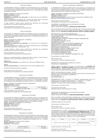 PÁGINA 22                                                                       23 DE MAIO DE 2011                                                             DIÁRIO OFICIAL n. 7.954

                                 AVISO DE LICITAÇÃO                                                                   AVISO DE CONVOCAÇÃO E REABERTURA

O DEPARTAMENTO ESTADUAL DE TRÂNSITO DE MS/DETRAN através da Coordenadoria                  A SECRETARIA DE ESTADO DE SAÚDE DE MS / SES através da Coordenadoria de
de Processamento de Licitação/SL/SAD, por meio do Diário Oficial Eletrônico instituído     Processamento de Licitação/SL/SAD, por meio do Diário Oficial Eletrônico instituído como
como veículo oficial de publicação do Estado conforme a Lei n°3.394/2007 torna publico     veículo oficial de publicação do Estado conforme a Lei n°3.394/2007, CONVOCA as em-
a realização da licitação:                                                                 presas participantes para a reabertura da licitação abaixo:

OBJETO: AQUISIÇÃO DE VEÍCULO TIPO PASSEIO                                                  OBJETO: AQUISIÇÃO DE SERINGAS AGULHADAS DESCARTÁVEIS
PREGÃO PRESENCIAL: 010/2011                                                                PREGÃO ELETRÔNICO: 045/2011
PROCESSO: 31/702.470/2011                                                                  PROCESSO: 27/000.907/2011
RECEBIMENTO E ABERTURA DOS ENVELOPES: Às 08:00 horas do dia 02/06/2011,                    DATA DO PROSSEGUIMENTO: Às 08:00 horas do dia 26/5/2010, (HORÁRIO LOCAL).
(HORÁRIO LOCAL).                                                                           SITE: http://www.centraldecompras.ms.gov.br/
LOCAL Superintendência de Licitação, sito no Parque dos Poderes, Bloco I pavimento
superior, SECRETARIA DE ADMINISTRAÇÃO–SAD - Campo Grande - MS.                             Campo Grande, 20 de maio de 2010.
                                                                                           Coordenadoria de Processamento de Licitação/SL/SAD
O edital, adendos e demais avisos, encontram–se disponíveis aos interessados
gratuitamente no site www.centraldecompras.ms.gov.br.                                      CONVOCAÇÃO DA ASSINATURA DA ATA DE REGISTRO DE PREÇOS.
                                                                                           PROCESSO No. 13/001.204/2010
Campo Grande/MS, 20 de maio de 2011.                                                       OBJETO: REGISTRO DE PREÇOS DE CORRELATOS HOSPITALARES
Coordenadoria de Processamento de Licitação/SL/SAD
                                                                                           Ficam as empresas, abaixo relacionadas, notificadas para, no prazo de 05 (cinco) dias
                                                                                           úteis a contar 01 (hum) dia após a publicação deste, efetuarem a assinatura da Ata de
                                AVISO DE REPETIÇÃO                                         Registro de Preços, devendo na ocasião apresentar todas as certidões exigidas.

A SECRETARIA DE ESTADO DE FAZENDA DE MS/SEFAZ através da Coordenadoria de                  Alpharad Com.Imp. Exp. Produtos Hospitalares Ltda
Processamento de Licitação/SL/SAD, por meio do Diário Oficial Eletrônico instituído como   CEI - Comércio Exportação E Importação De Materiais Médicos Ltda
veículo oficial de publicação do Estado conforme a Lei n°3.394/2007 torna publico a re-    Cirumed Comércio Ltda
petição da licitação:                                                                      Científica Médica Hospitalar Ltda
                                                                                           Cirúrgica Fernandes - Comércio de Materiais Cirúrgicos e Hospitalares Ltda
OBJETO: AQUISIÇÃO DE CARIMBO AUTO - ENTINTADO                                              Comercial Isototal Ltda – Me
PREGÃO PRESENCIAL: 001/2011                                                                DHL Diagnóstica E Hospitalar Ltda-Epp
PROCESSO: 11/047.736/2010                                                                  Laboratórios B. Braun S.A.
RECEBIMENTO E ABERTURA DOS ENVELOPES: Às 10:00 horas do dia 02/06/2011,                    Embramed Indústria E Comércio De Produtos Hospitalares Ltda
(HORÁRIO LOCAL).                                                                           Hospfar Indústria E Comércio De Produtos Hospitalares Ltda
LOCAL: Superintendência de Licitação, sito no Parque dos Poderes, Bloco I, SECRETARIA      Medsonda Ind. E Com. De Prod. Hosp. Descartáveis Ltda-ME
DE ADMINISTRAÇÃO–SAD - Campo Grande - MS.                                                  Nacional Comercial Hospitalar Ltda
                                                                                           Neve Indústria E Comércio De Produtos Cirúrgicos Ltda
O edital, adendos e demais avisos, encontram–se disponíveis aos interessados               Rava Embalagens Indústria E Comércio Ltda
gratuitamente no site www.centraldecompras.ms.gov.br.                                      Smiths Medical Do Brasil Produtos Hospitalares Ltda
                                                                                           Tecno4 Produtos Hospitalares Ltda Epp
Campo Grande/MS, 20 de maio de 2011.                                                       Universal Produtos Hospitalares Ltda Me
Coordenadoria de Processamento de Licitação/SL/SAD                                         Unit - Indústria, Comércio, Importação E Exportação Ltda - Epp

                                                                                           Campo Grande, 20 de Maio de 2011.
Retifica-se a publicação referente à licitação PE 03/2011, Processo: 31/300.175/2011,
publicado no D.O.E. 7.953 de 09 de maio de 2011, pág. 37:                                  Mônica Aredes Duran
                                                                                           Coordenadora do Sistema de Registro de Preços
ONDE SE LÊ:
DATA DO PROSSEGUIMENTO: dia 23/05/2011 às 10:00 horas (HORÁRIO LOCAL).
                                                                                           EXTRATO DA ATA DE REGISTRO DE PREÇOS No. 041/2011.
                                                                                           PROCESSO No. 13/000.065/2011.
LEIA-SE:
DATA DO PROSSEGUIMENTO: dia 30/05/2011 às 10:00 horas (HORÁRIO LOCAL).
                                                                                           OBJETO: Sistema de Registro de Preços para fornecimento de MATERIAL DE
                                                                                           LABORATÓRIO I – MEIOS DE CULTURA aos órgãos da Administração direta, autár-
As demais condições permanecem inalteradas.
                                                                                           quica e fundacional, empresas públicas, sociedades de economia mista e fundos espe-
                                                                                           ciais do Governo do Estado de Mato Grosso do Sul.
Campo Grande, 20 de maio de 2011.
Coordenadoria de Processamento de Licitação/SL/SAD/MS
                                                                                           PARTES: Superintendência de Licitação – SL/SAD.
                                                                                           Biosystems Comercial Importação E Exportação De Equipamentos Para Laboratórios Ltda
                                                                                           Genética Comércio, Importação E Exportação Ltda
                              RESULTADO DE LICITAÇÃO
                                                                                           M.S. Diagnóstica Ltda
                                                                                           Rafael Arantes Bispo – Me
O DEPARTAMENTO ESTADUAL DE TRANSITO DE MS/DETRAN através da Coordenadoria
de Processamento de Licitação/SL/SAD, por meio do Diário Oficial Eletrônico instituído
                                                                                           FUNDAMENTAÇÄO LEGAL: Lei Federal n.º 10.520/02, subsidiariamente pela Lei n.º
como veículo oficial de publicação do Estado conforme a Lei n°3.394/2007, comunica
                                                                                           8.666/93, bem como, pelos Decretos Estaduais n.º 11.676/04 e n.º 11.759/04.
aos interessados, após adjudicação pelo pregoeiro da EP 01, o RESULTADO da licitação.
                                                                                           PROCEDIMENTO LICITATÓRIO: Pregão Presencial n. º 026/2011.
                                                                                           VIGÊNCIA: 12 (doze) meses a partir da publicação do extrato da Ata.
OBJETO: AQUISIÇÃO DE ENVELOPE PLASTICO TRANSPARENTE
PREGÃO PRESENCIAL: 005/2011
                                                                                           Campo Grande, 20 de Maio de 2011
PROCESSO: 31/701.944/2011
  Lote                Empresa Vencedora                            Valor Total (R$)        José Cesário dos Santos Filho
   01             COMERCIAL T & C LTDA - EPP                              23.790,00        Secretário Especial e Superintendente de Licitação
Campo Grande/MS, 20 de maio de 2011.
Coordenadoria de Processamento de Licitação/SL/SAD
                                                                                           CONVOCAÇÃO DA ASSINATURA DA ATA DE REGISTRO DE PREÇOS.
                                                                                           PROCESSO No. 13/000.198/2011
                                                                                           OBJETO: REGISTRO DE PREÇOS DE HORTIFRUTIGRANJEIROS - CAPITAL
                                    RESULTADO DE LICITAÇÃO
                                                                                           Ficam as empresas, abaixo relacionadas, notificadas para, no prazo de 05 (cinco) dias
A SECRETARIA DE ESTADO DE FAZENDA DE MS/SEFAZ através da Coordenadoria de
                                                                                           úteis a contar 01 (hum) dia após a publicação deste, efetuarem a assinatura da Ata de
Processamento de Licitação/SL/SAD por meio do Diário Oficial Eletrônico instituído como
                                                                                           Registro de Preços, devendo na ocasião apresentar todas as certidões exigidas.
veículo oficial de publicação do Estado conforme a Lei n°3.394/2007 comunica aos inte-
ressados, após conclusão pela pregoeira da EP 03, o RESULTADO da licitação.
                                                                                           Cooperativa Agrícola de Campo Grande
OBJETO: AQUISIÇÃO DE CARIMBO AUTO-ENTINTADO
PREGÃO PRESENCIAL: 001/2011
                                                                                           Campo Grande, 20 de Maio de 2011.
PROCESSO: 11/047.736/2010
RESULTADO: FRACASSADO
                                                                                           Mônica Aredes Duran
Campo Grande, 20 de maio de 2011.                                                          Coordenadora do Sistema de Registro de Preços
Coordenadoria de Processamento de Licitação/SL/SAD
                                                                                           A Superintendência de Licitação – SL/SAD/MS, de conformidade com a Lei 8.666/93 e
                                                                                           suas alterações, torna público a nova apresentação e redução de preço para o lote
                              RESULTADO DE LICITAÇÃO                                       45,(Milrinona) da Ata de Registro de Preços nº 005/2011 – Medicamentos Básicos II da
                                                                                           Empresa Hospfar Indústria e Comércio de Produtos Hospitalares Ltda, conforme justifi-
O DEPARTAMENTO ESTADUAL DE TRANSITO DE MATO GROSSO DO SUL/DETRAN, através                  cativa anexa ao processo de nº 13/001.172/2010 com seus efeitos a partir da data desta
da Coordenadoria de Processamento de Licitação/SL/SAD, e, por meio do Diário Oficial       publicação, passando a marca registrada a ser em abaixo detalhada:
Eletrônico instituído como veículo de publicação do Estado conforme Lei nº 3.394/2007
comunica aos interessados, depois de adjudicado pela Pregoeira da EP 04, o resultado        Lote                Descrição                   Marca                 Fornecedor               Valor
da licitação:
OBJETO: AQUISIÇÃO DE VEÍCULOS TIPO PASSEIO.                                                                                                                                               R$ 49,16
                                                                                                                                                          Hospfar Indústria e Comércio
PREGÃO PRESENCIAL: 06/2011                                                                   45    Milrinona 1mg/ml, ampola com 10ml.   Sanofi Aventis
                                                                                                                                                         de Produtos Hospitalares Ltda.
PROCESSO: 31/701.004/2011

  Lote                      Empresa Vencedora                         VL. Total (R$)       Campo Grande-MS, 19 de Maio de 2011.
 UNICO                    RENAULT DO BRASIL S/A                           154.000,00
                                                                                           José Cesário dos Santos Filho.
Campo Grande/MS, 20 de maio de 2011.
                                                                                           Secretário Especial e Superintendente de Licitação.
Coordenadoria de Processamento de Licitação/SL/SAD
 