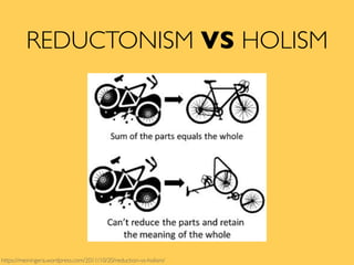 REDUCTONISM VS HOLISM
https://meiningera.wordpress.com/2011/10/20/reduction-vs-holism/
 