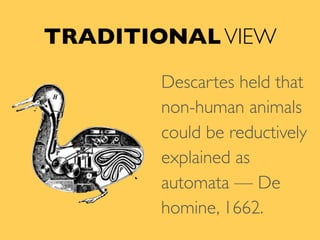 TRADITIONALVIEW
Descartes held that
non-human animals
could be reductively
explained as
automata — De
homine, 1662.
 