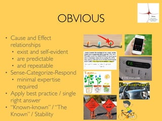 OBVIOUS
• Cause and Effect
relationships
• exist and self-evident
• are predictable
• and repeatable
• Sense-Categorize-Respond
• minimal expertise
required
• Apply best practice / single
right answer
• “Known-known” / “The
Known” / Stability
 