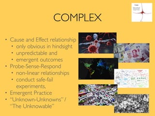 COMPLEX
• Cause and Effect relationship
• only obvious in hindsight
• unpredictable and
• emergent outcomes
• Probe-Sense-Respond
• non-linear relationships
• conduct safe-fail
experiments,
• Emergent Practice
• “Unknown-Unknowns” /
“The Unknowable”
 