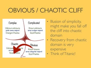 OBVIOUS / CHAOTIC CLIFF
• Illusion of simplicity,
might make you fall off
the cliff into chaotic
domain
• Recovery from chaotic
domain is very
expensive
• Think ofTitanic!
 