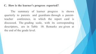 C. How is the learner's progress reported?
The summary of learner progress is shown
quarterly to parents and guardians through a parent-
teacher conference, in which the report card is
discussed. The grading scale, with its corresponding
descriptors, are in Table 10. Remarks are given at
the end of the grade level.
 