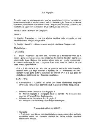 Sub Rogação


Conceito – Ato de subrogar-se pelo qual se substitui um indivíduo ou coisa por
outra na relação jdca, servindo como meio indireto de pgto. Fazendo então que
o devedor primitivo fiqe liberado do Liame Obrigacional, ou ainda, quando outro
objeto tma o lugar com os mesmos ônus e atributos da primeira .
Natureza Jdca – Extinção da Obrigação.
Efeitos –
1º- Caráter Translativo – Um dos efeitos trazidos pela obrigação é pela
transferência da relação obrigacional.
2º- Caráter Liberatório – Libera um dos seu jeito do Liame Obrigacional .
Modalidades –
( art 346 CC )
a)     Legal – Opera-se de pleno dto . Hipótese de o devedor ter mais de m
credor , pois se duas pessoas são credoras do mesmo devedor, opera-se a
sub-rogação legal. Qalquer dos sujeitos ativos paga ao credor preferencial .
Acontece a sub-rogação pois o pagador ficará com todos os direitos tal qual
fosse o credor preferencial .
   Obs – A Hipoteca é um dto real de garantia incidente sobre imóveis ,
   fazendo com que seja possível o ingresso de 3º interessadi ou não ,
   realizar o pgto para evitar a excussão do imóvel. O 3º é o que pode ter
   afetado seu patrimônio, ex – fiadores e avalistas .
   ( Art 347 CC )
   b) Convencional – Quando as partes por mera liberalidade estipulam
      através da vontade que ocorrerá a sub rogação ( vontade das partes )


      Diferença entre Cessão e Sub Rogação ?
      R – Na sub rogação a obrigação deve ser solvida . Na Cessão o que
      ocorre é a transferência da obrigação .
      Diferença entre Novação e Sub Rogação ?
      R – Novação cria nova obrig./ Sub Rogação extingue.


                       Transação ( art 840 ao 850 CC )
   1) Conceito:
      - É o intituto que dá a a permissibilidade às partes porem fim ao litígio,
      nascendo assim um contrato bilateral de forma volitiva mediante
      concessões mútuas.
 