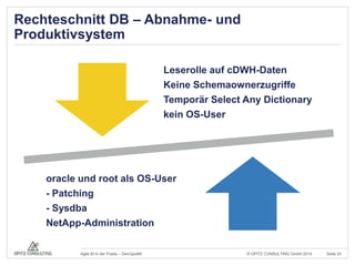 Rechteschnitt DB – Abnahme- und 
Produktivsystem 
Leserolle auf cDWH-Daten 
Keine Schemaownerzugriffe 
Temporär Select Any Dictionary 
kein OS-User 
oracle und root als OS-User 
- Patching 
- Sysdba 
NetApp-Administration 
© OPITZ CONSULTING Agile BI in der Praxis – DevOps4BI GmbH 2014 Seite 24 
 