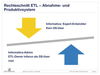Rechteschnitt ETL – Abnahme- und 
Produktivsystem 
Informatica: Expert-Entwickler 
Kein OS-User 
Informatica-Admin 
ETL-Owner infarun als OS-User 
root 
© OPITZ CONSULTING Agile BI in der Praxis – DevOps4BI GmbH 2014 Seite 27 
 
