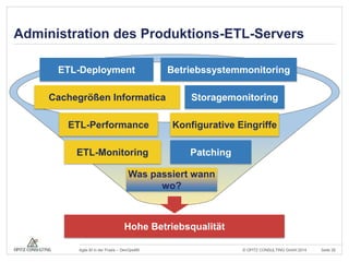 Administration des Produktions-ETL-Servers 
ETL-Deployment Betriebssystemmonitoring 
Storagemonitoring 
Cachegrößen Informatica 
Konfigurative Eingriffe 
ETL-Performance 
ETL-Monitoring Patching 
Was passiert wann 
wo? 
Hohe Betriebsqualität 
© OPITZ CONSULTING Agile BI in der Praxis – DevOps4BI GmbH 2014 Seite 28 
 