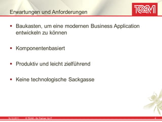 Erwartungen und Anforderungen

  Baukasten, um eine modernen Business Application
   entwickeln zu können

  Komponentenbasiert

  Produktiv und leicht zielführend

  Keine technologische Sackgasse




16.12.2011   © TEAM - Ihr Partner f ür IT             4
 