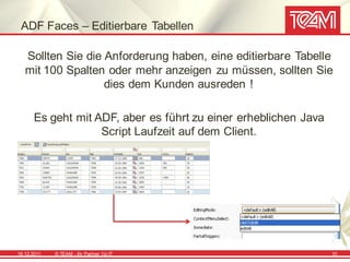 ADF Faces – Editierbare Tabellen

   Sollten Sie die Anforderung haben, eine editierbare Tabelle
   mit 100 Spalten oder mehr anzeigen zu müssen, sollten Sie
                   dies dem Kunden ausreden !

      Es geht mit ADF, aber es führt zu einer erheblichen Java
                   Script Laufzeit auf dem Client.




16.12.2011   © TEAM - Ihr Partner f ür IT                        10
 